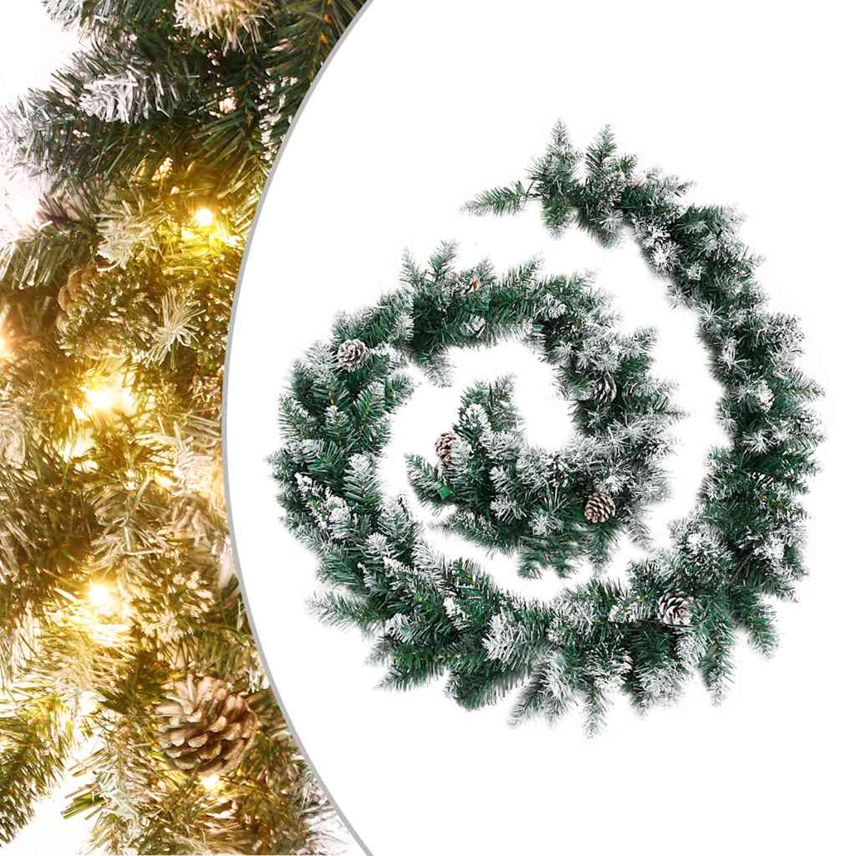 Weihnachtsgirlande mit Lichtern und Tannenzapfen. Die Girlande windet sich spiralförmig um einen weißen Hintergrund.