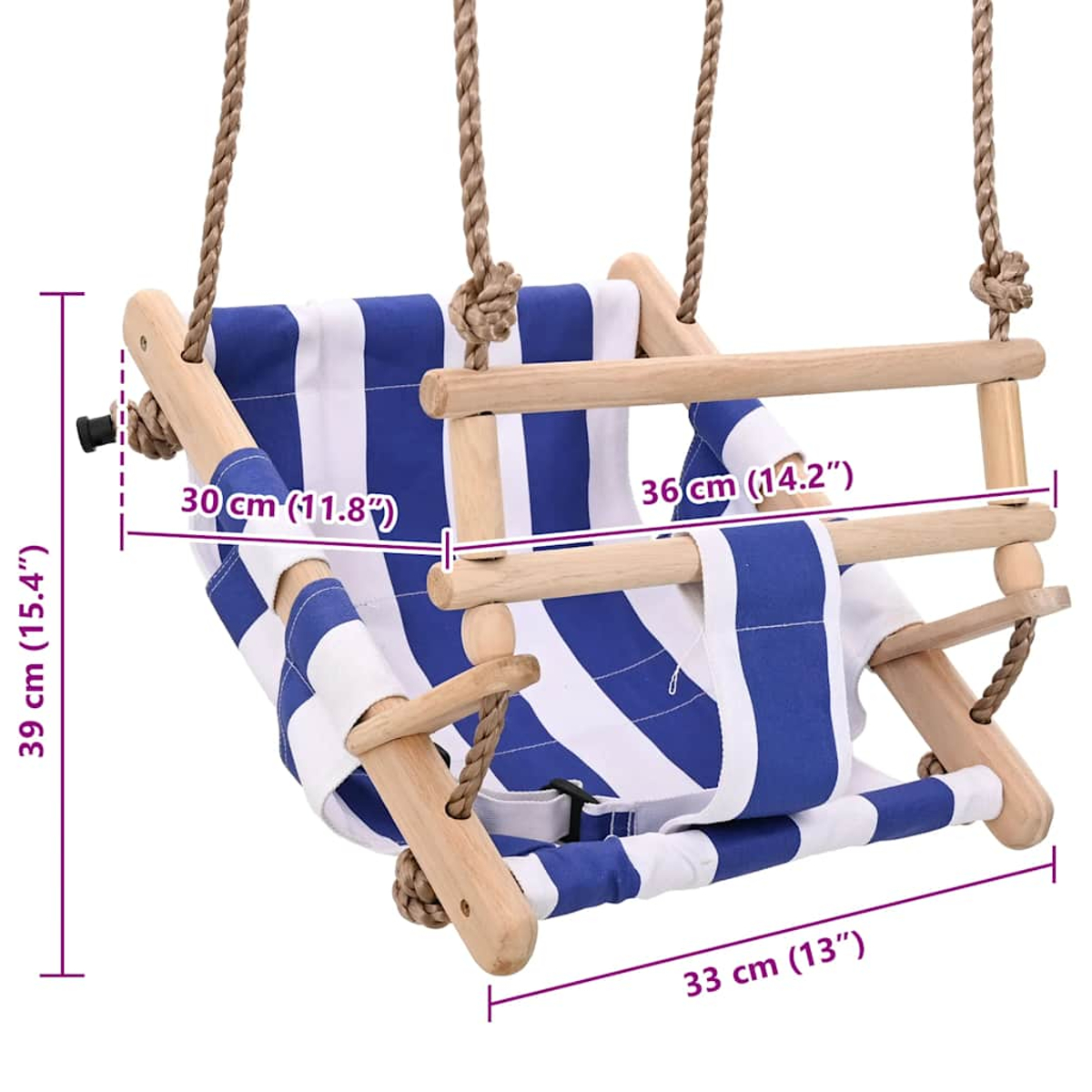 Eine Babyschaukel aus Holz und gestreiftem Stoff mit Abmessungen auf einem weißen Hintergrund.
