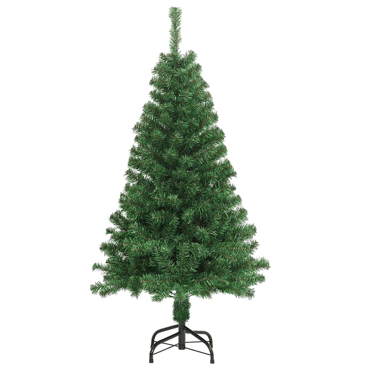 Ein grüner künstlicher Weihnachtsbaum auf einem schwarzen Metallständer vor einem weißen Hintergrund.