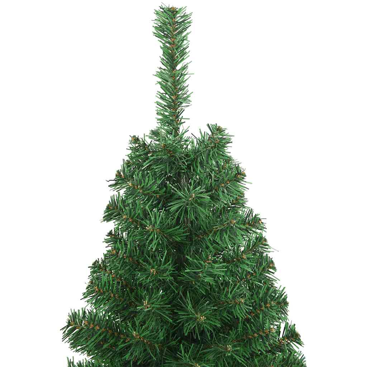 Nahaufnahme der Spitze eines grünen künstlichen Weihnachtsbaums vor einem weißen Hintergrund.