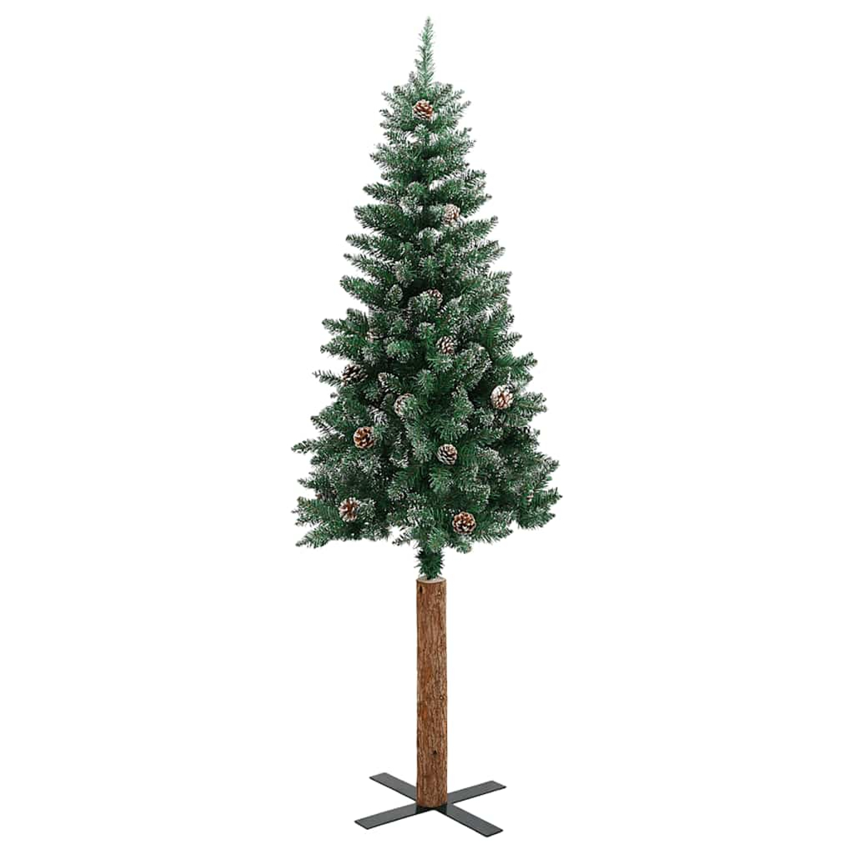 Ein grüner Weihnachtsbaum mit Tannenzapfen auf einem Holzstamm, mit schwarzem Metallsockel, isoliert auf Weiß.