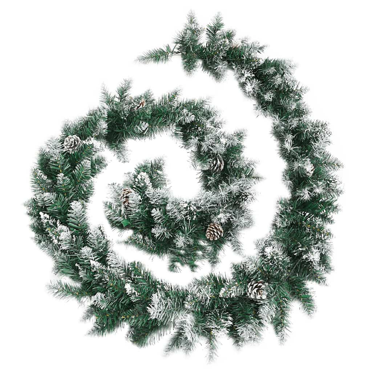 Eine mit Weiß bestäubte grüne Girlande mit Tannenzapfen, die sich vor einem weißen Hintergrund spiralförmig windet.