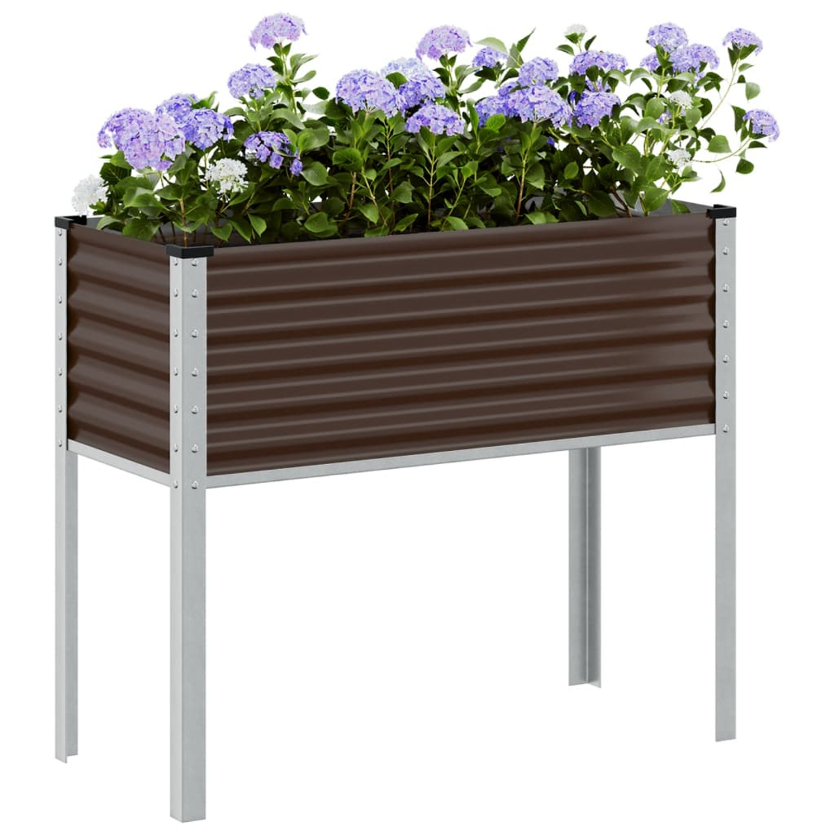 Un letto da giardino rialzato con fiori viola fatto di metallo marrone e gambe in metallo argentato.