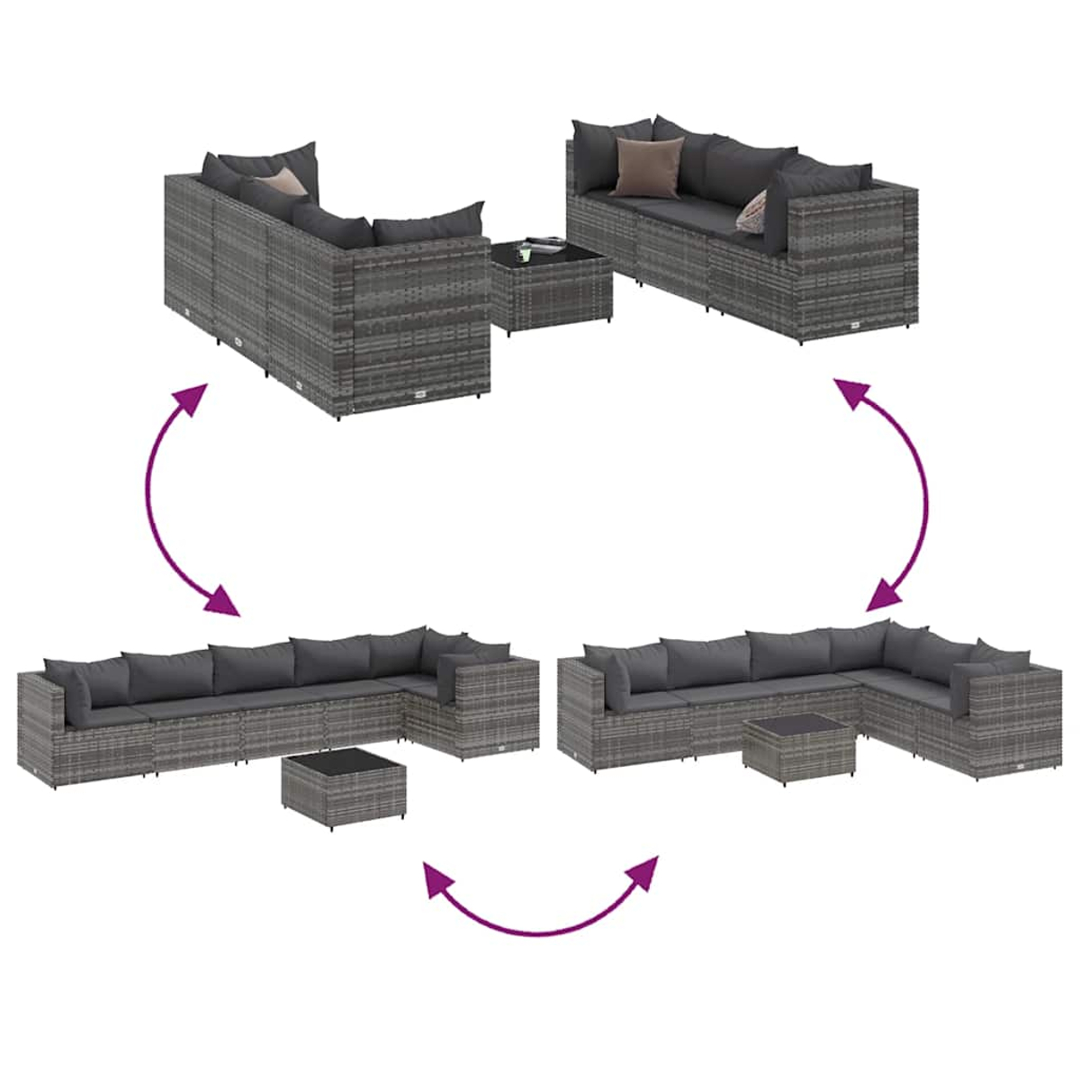 La imagen muestra un juego de patio modular de mimbre gris con cojines y una mesa sobre un fondo blanco.