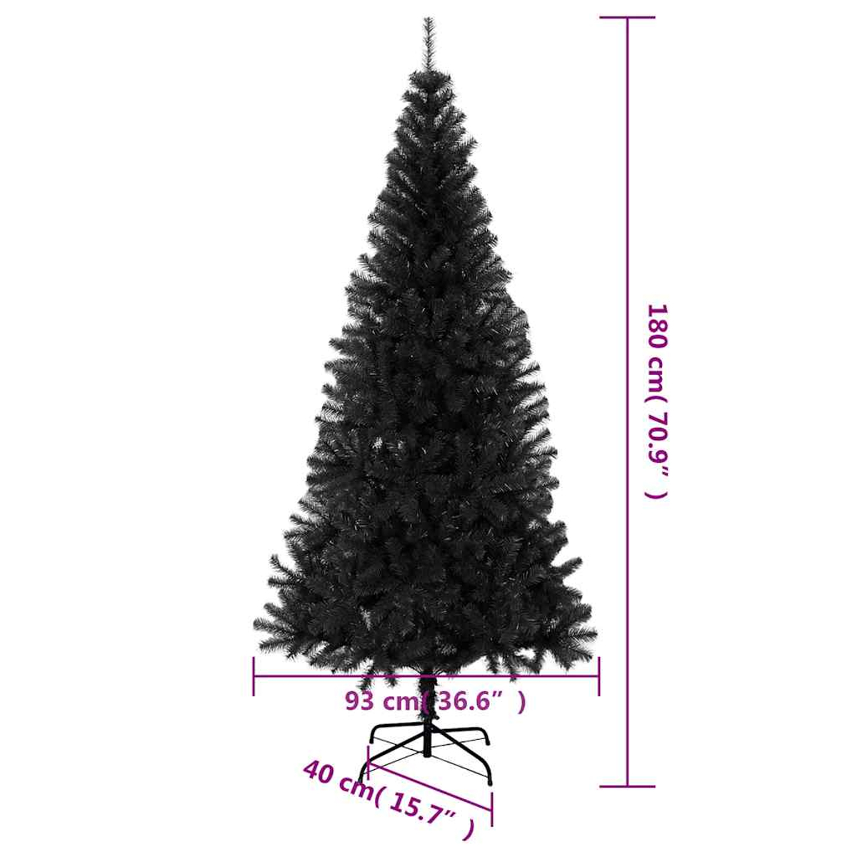 Ein schwarzer künstlicher Weihnachtsbaum steht vor weißem Hintergrund. Abmessungen sind angegeben, mit Maßen in cm und Zoll.
