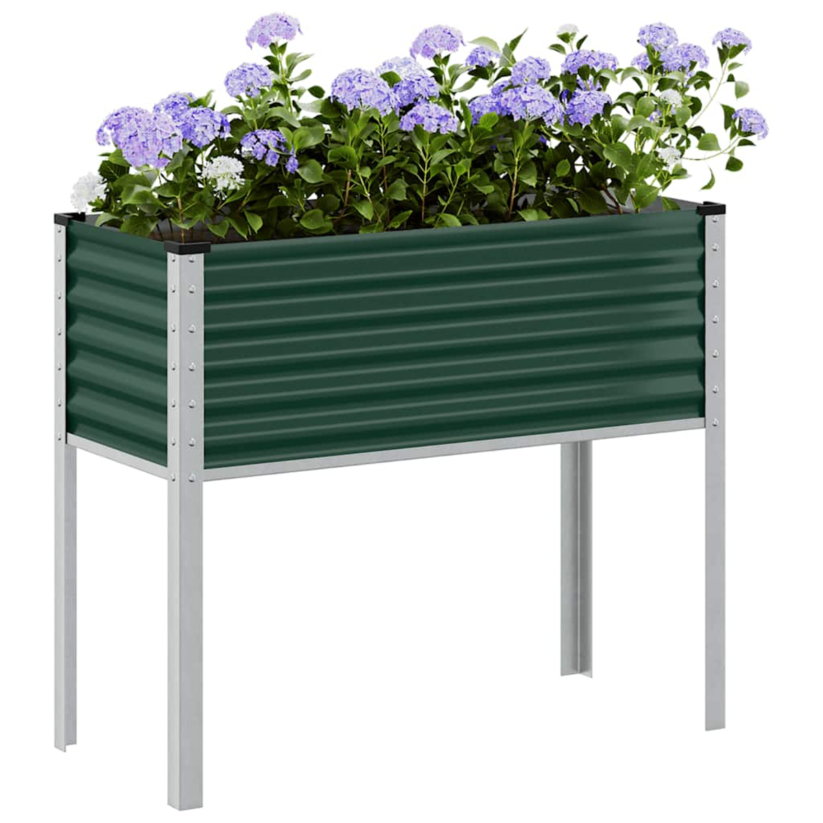 Fioriera in metallo ondulato verde con gambe argentate, riempita di fiori viola e bianchi.