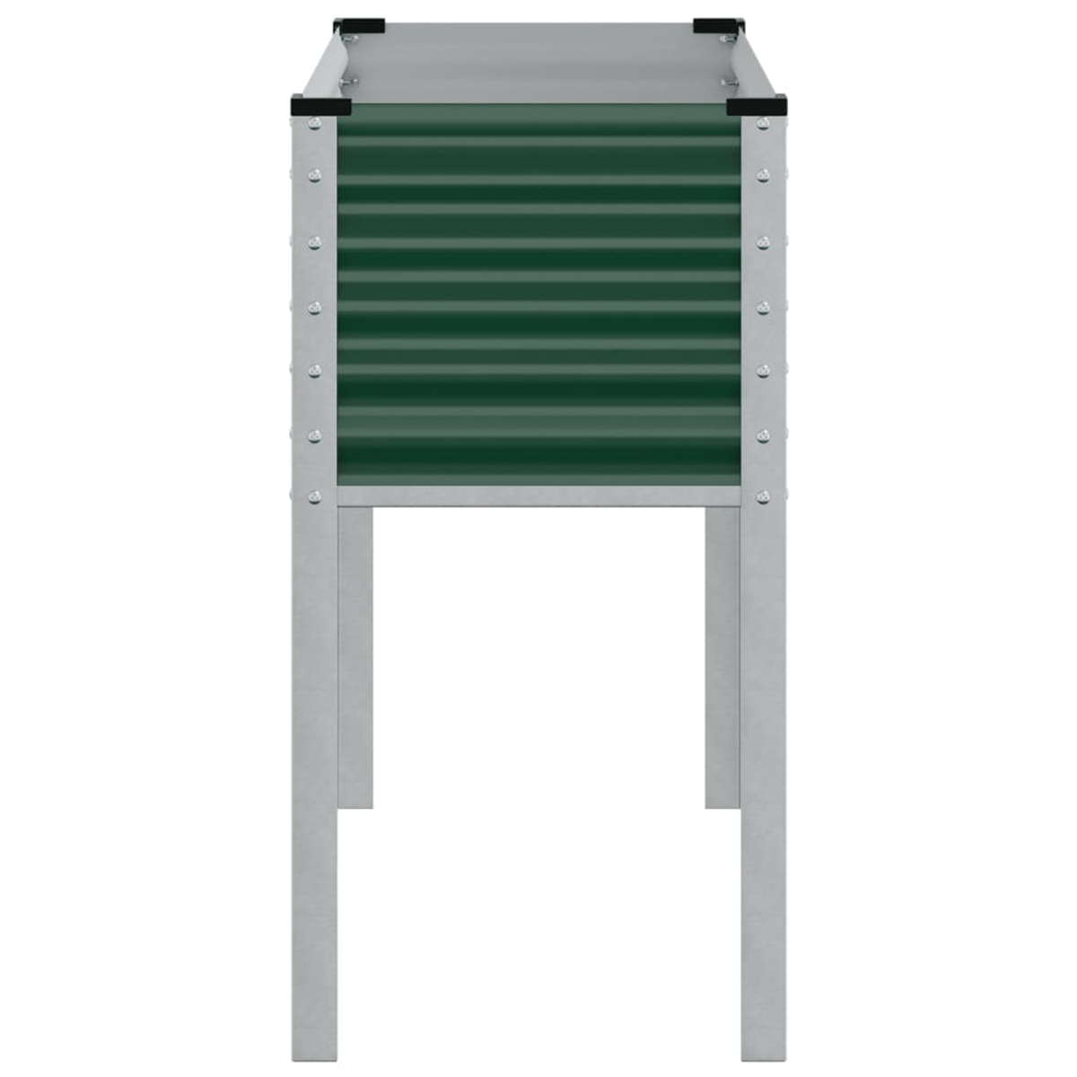 Una fioriera in metallo ondulato verde con gambe argentate e cappucci angolari neri.