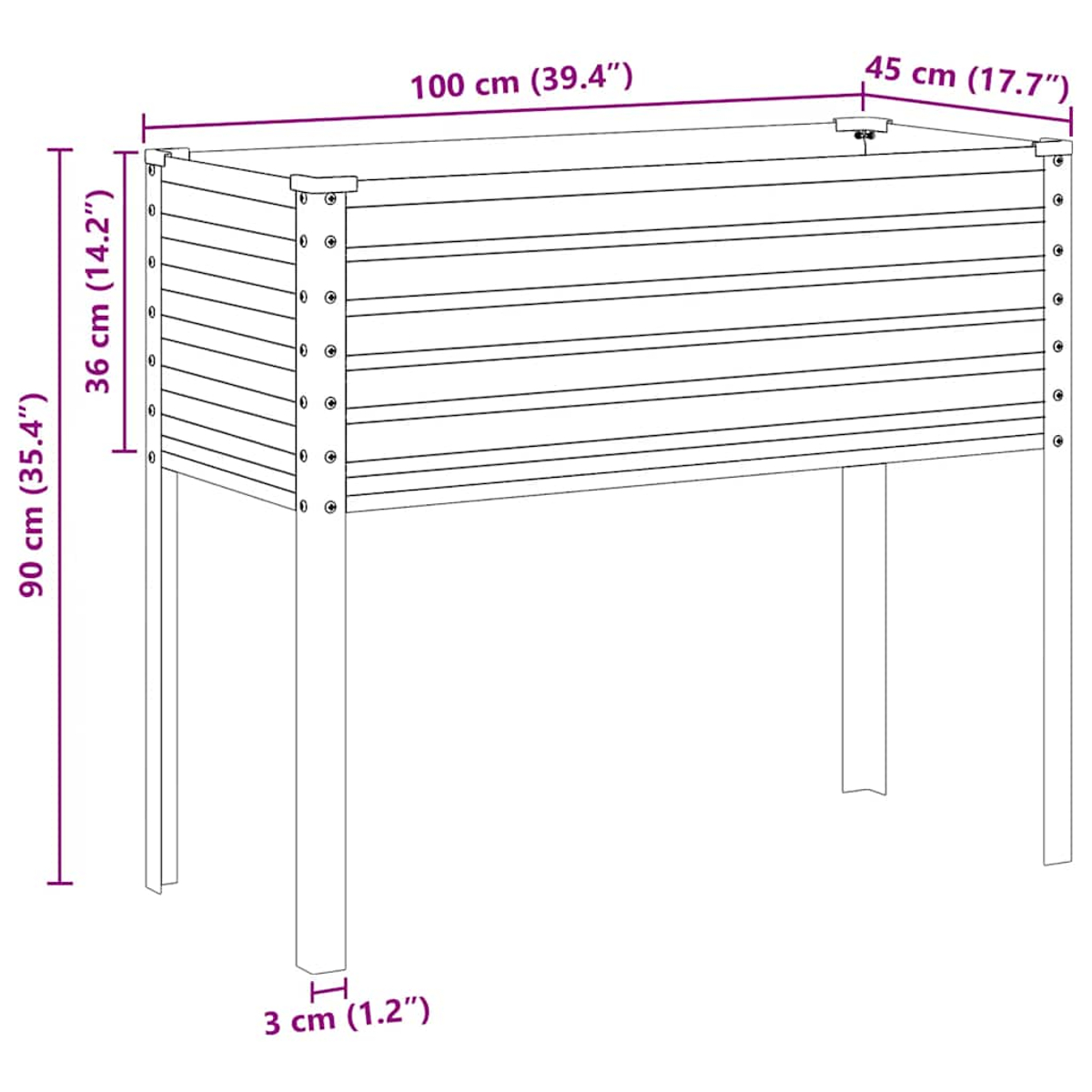 Un disegno al tratto di un'aiuola rialzata con dimensioni etichettate in centimetri e pollici.