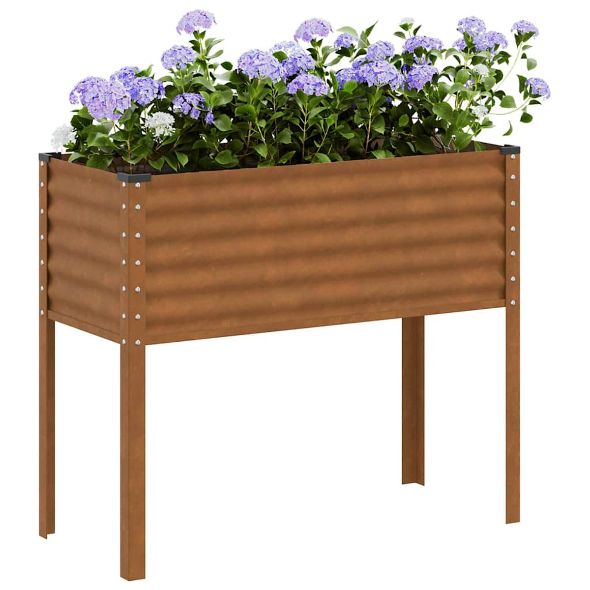 Su uno sfondo bianco è mostrato un letto da giardino rialzato in metallo marrone con fiori viola e bianchi.