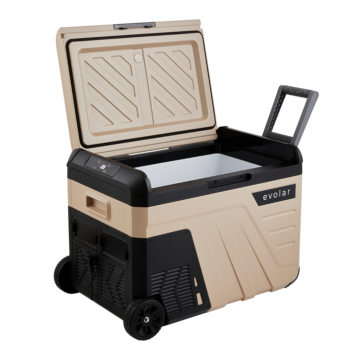 Viene mostrato un refrigeratore portatile beige e nero con ruote e maniglia con il coperchio aperto.