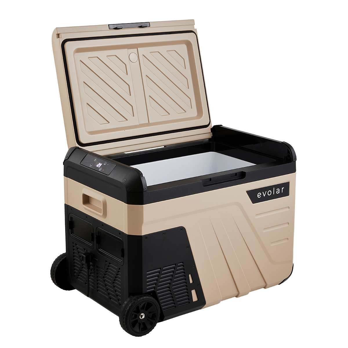 Viene mostrato un refrigeratore portatile beige e nero con ruote e maniglia con il coperchio leggermente aperto.