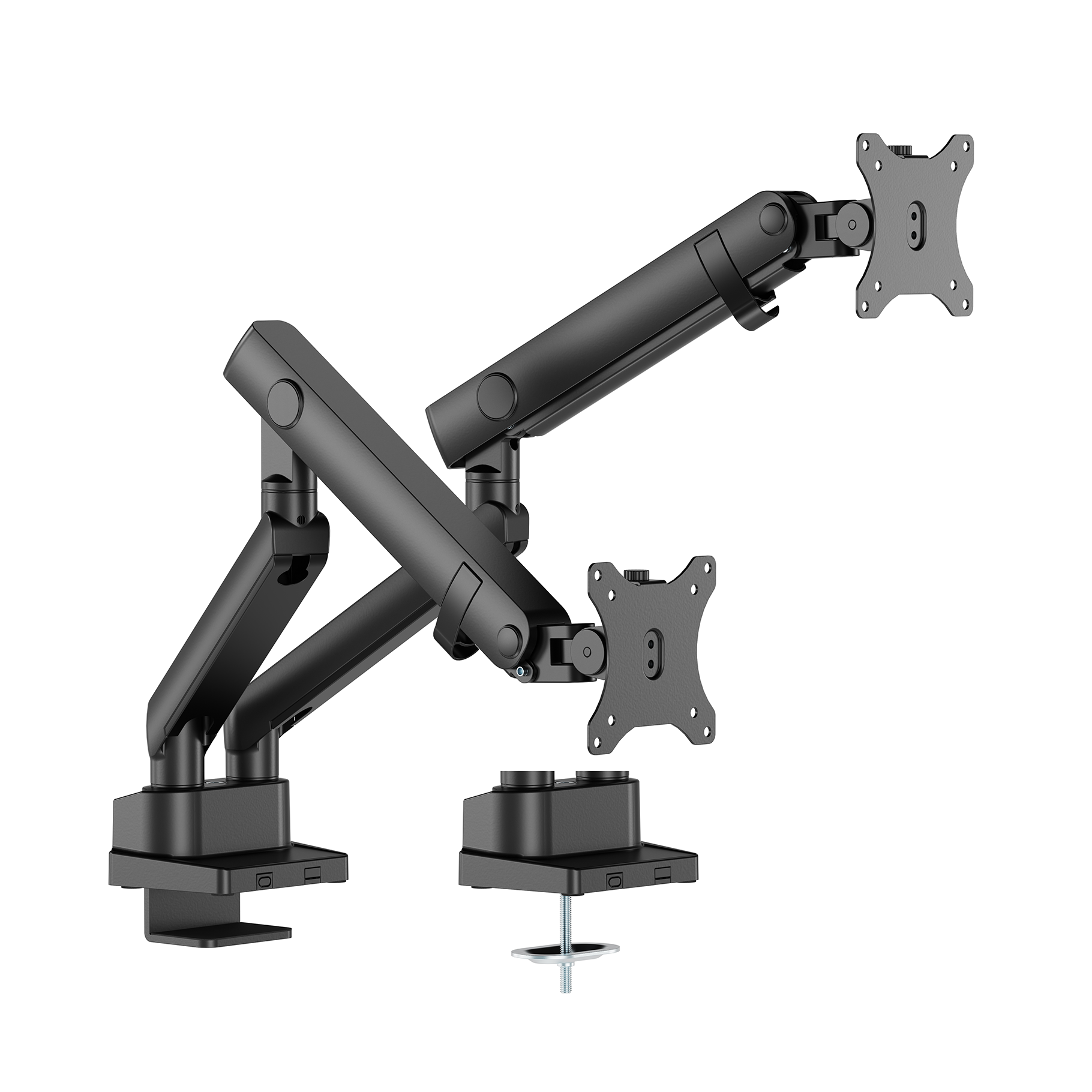 Un bras de moniteur double noir avec supports VESA, joints articulés et une pince de bureau pour une fixation sécurisée.