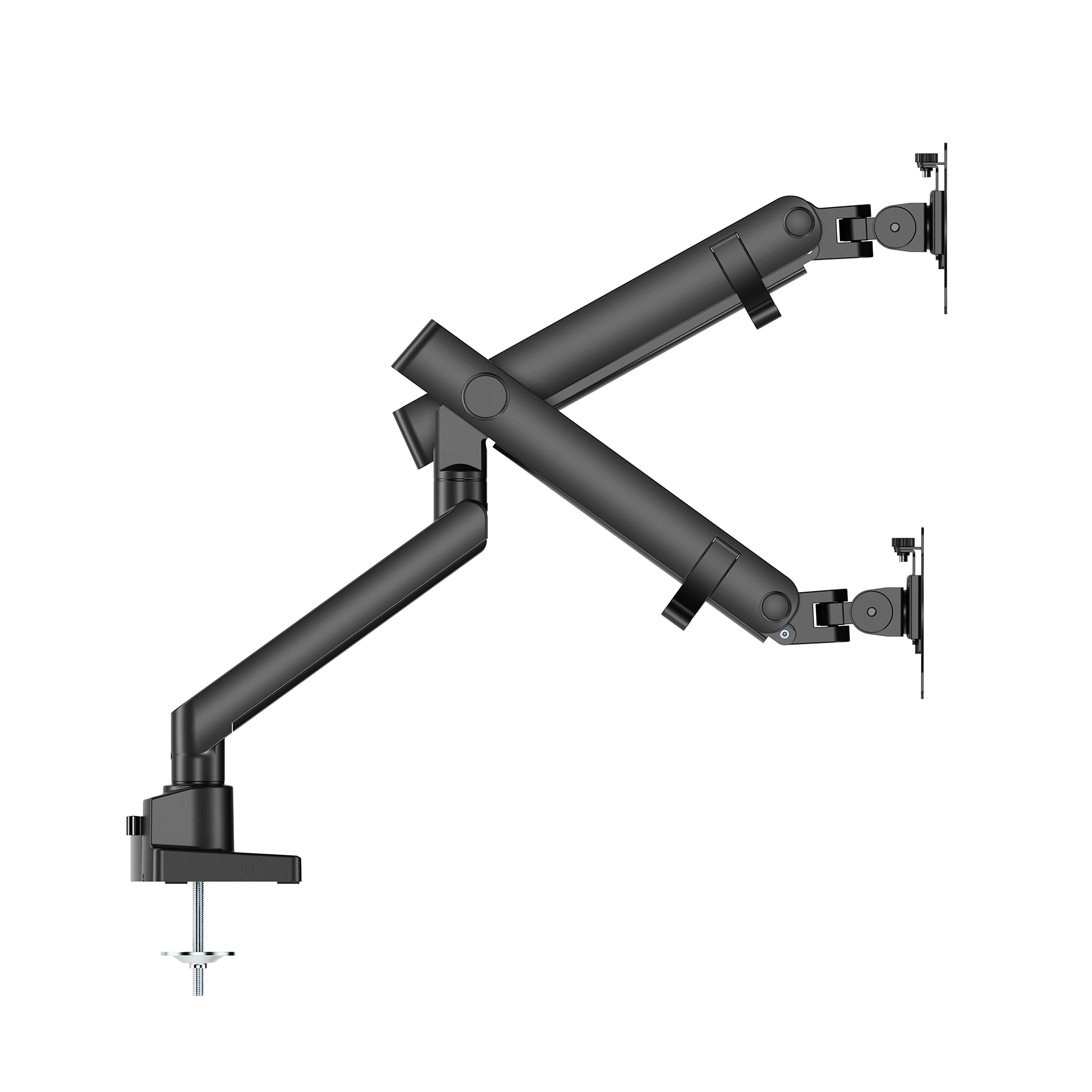 Un bras de moniteur double noir avec supports VESA, joints articulés et une pince de bureau pour une fixation sécurisée.
