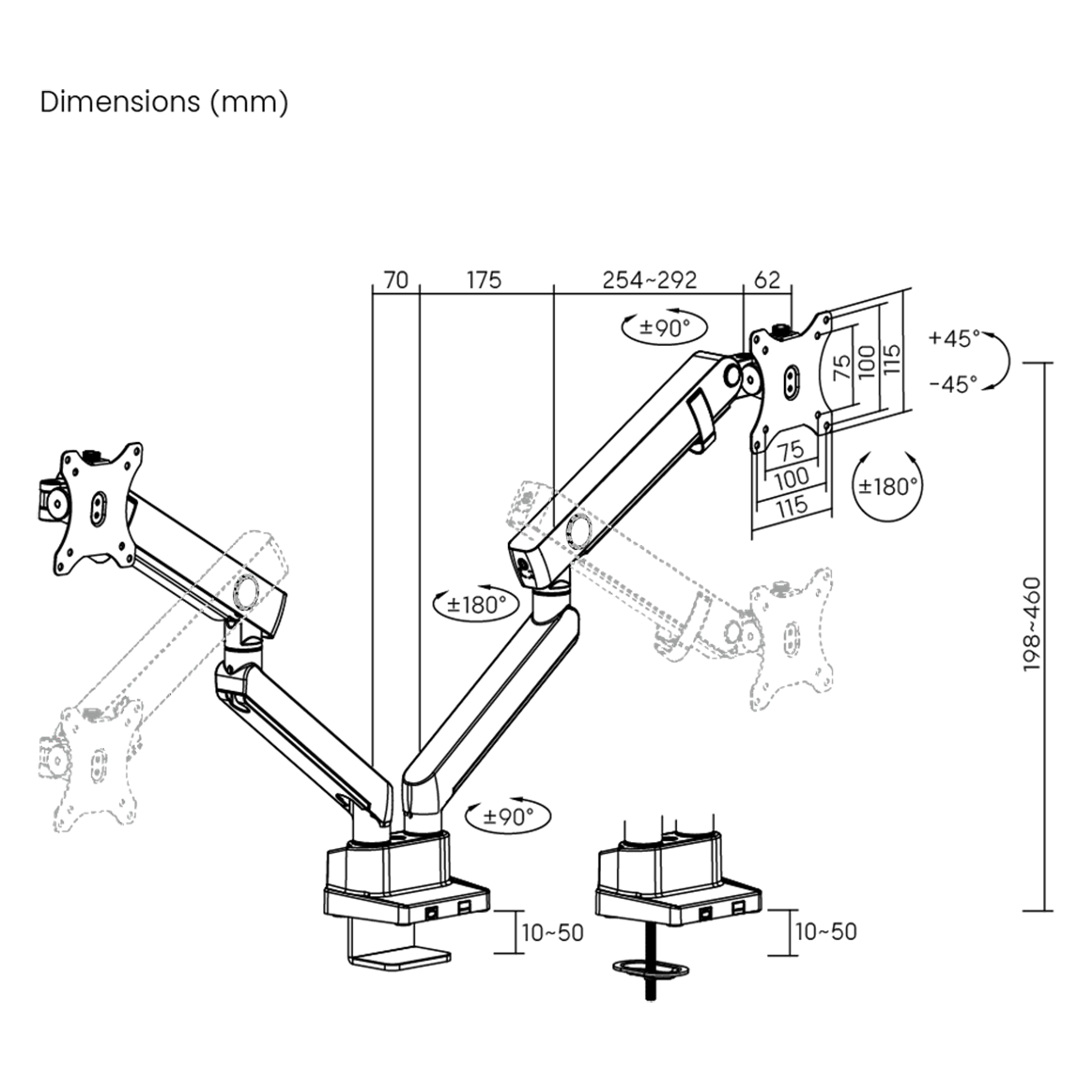 Un diagramme montrant les dimensions et la capacité de réglage d'un bras de moniteur double, y compris les angles et les longueurs en millimètres.