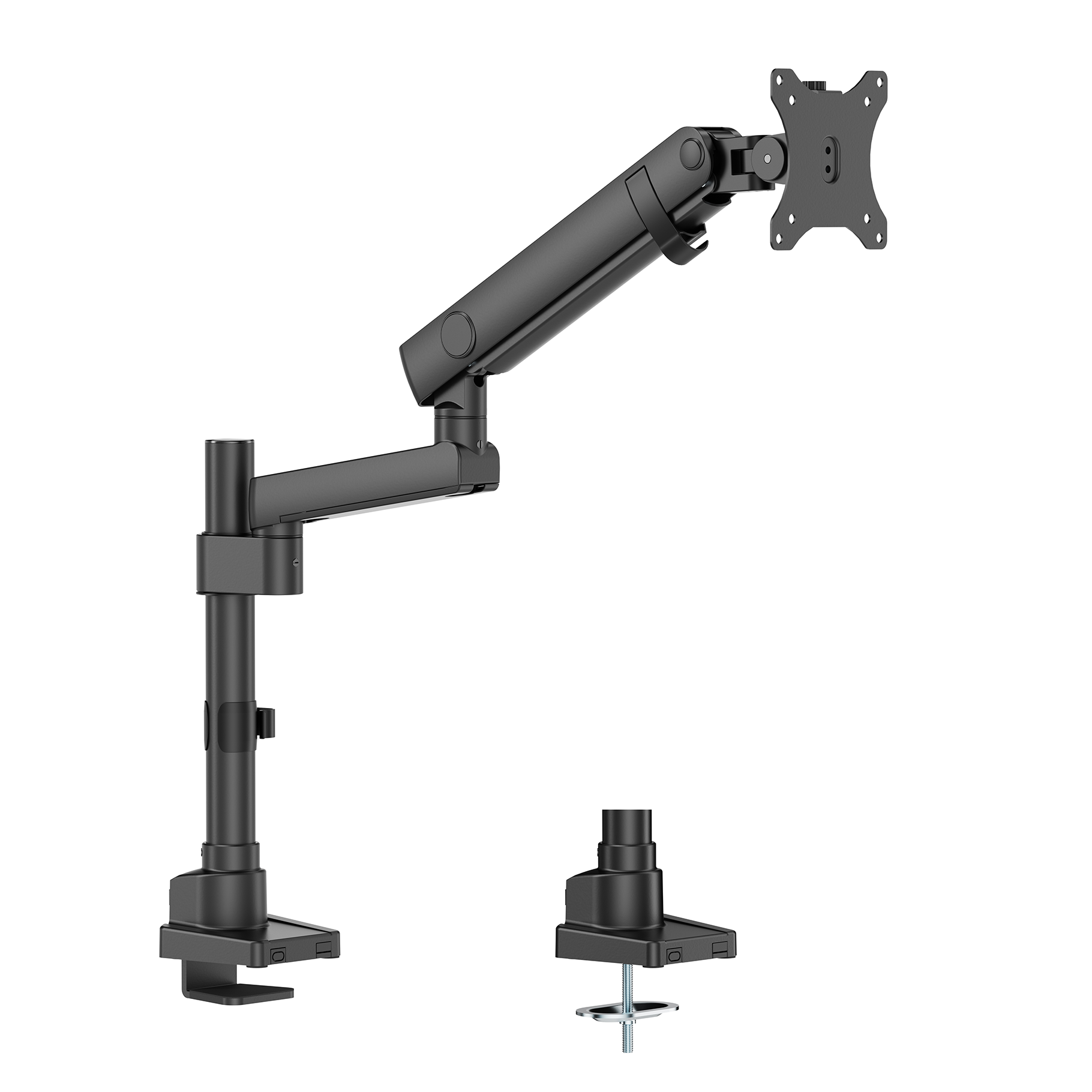 Un bras de moniteur unique noir avec un support VESA, des joints articulés et des options de pince de bureau pour une configuration sécurisée.