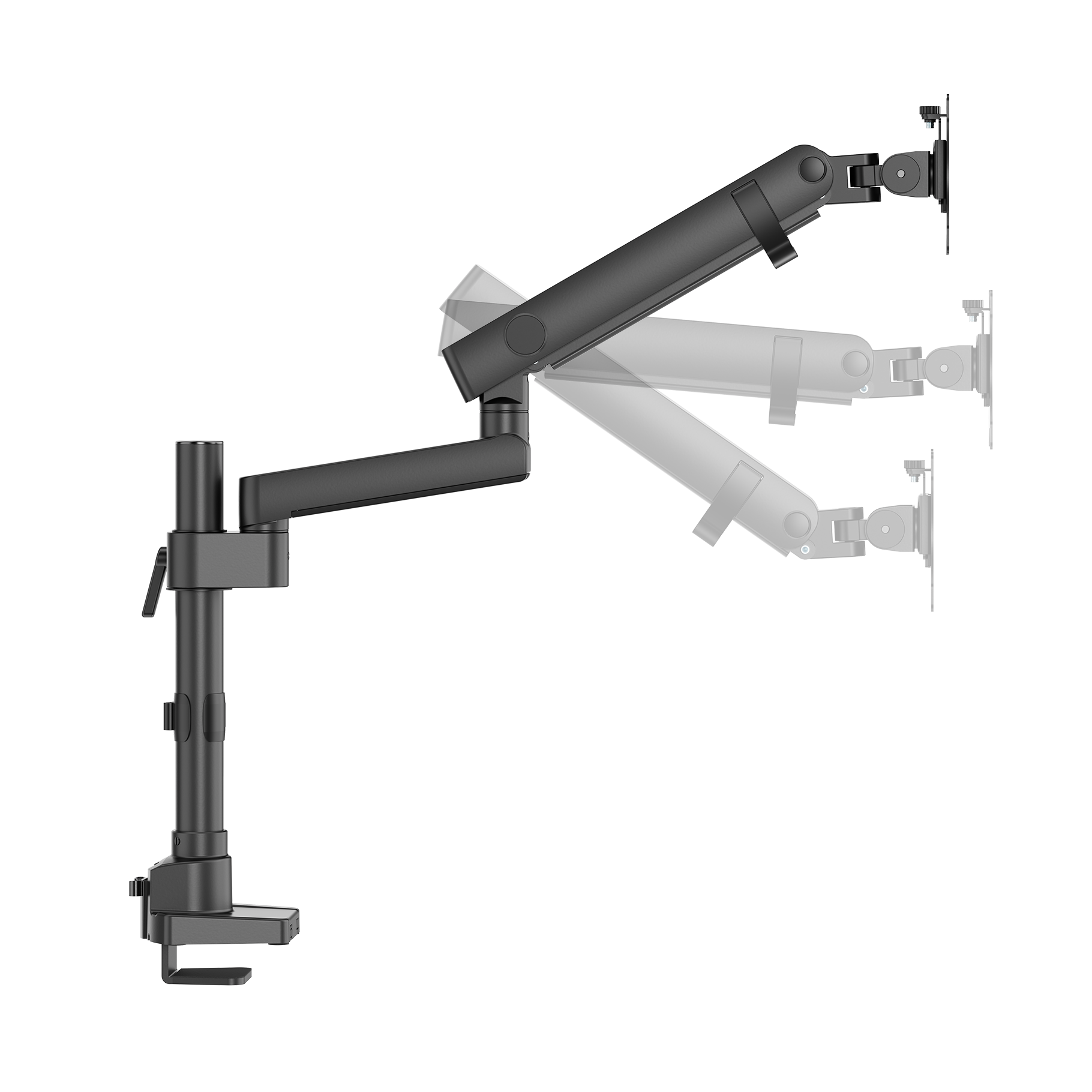 Un bras de moniteur unique noir avec un support VESA, des joints articulés et une pince de bureau avec mouvement montré.