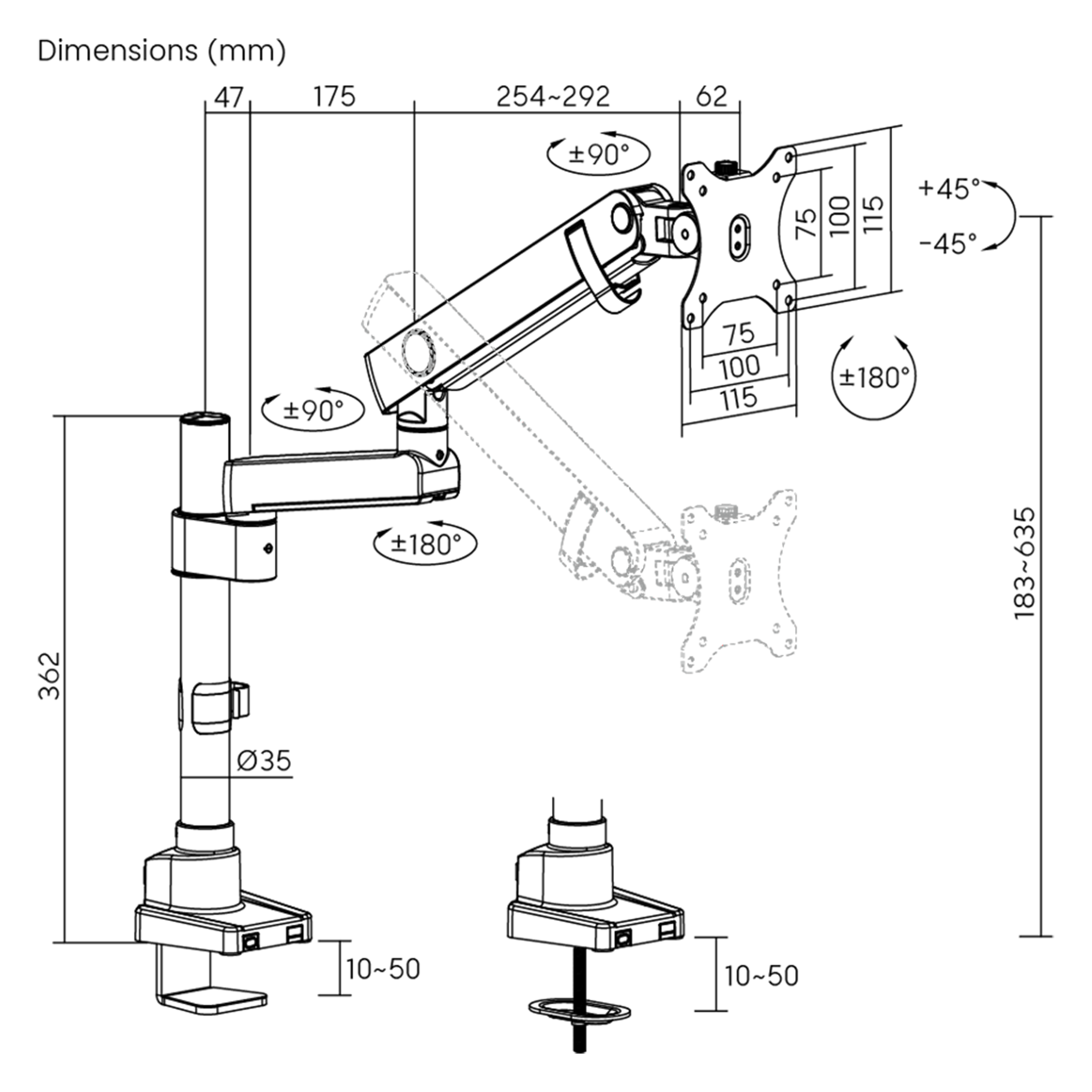 Schéma d'un bras de moniteur indiquant les dimensions et les angles de rotation sur fond blanc.