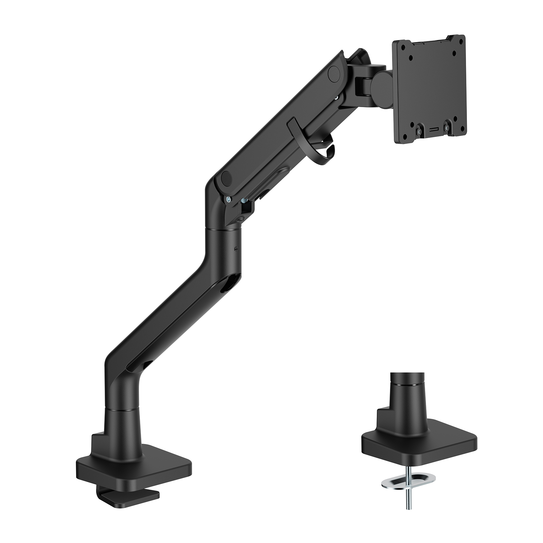 Un bras de moniteur noir maintient un moniteur. Le bras peut être monté avec une pince ou un passe-câble.