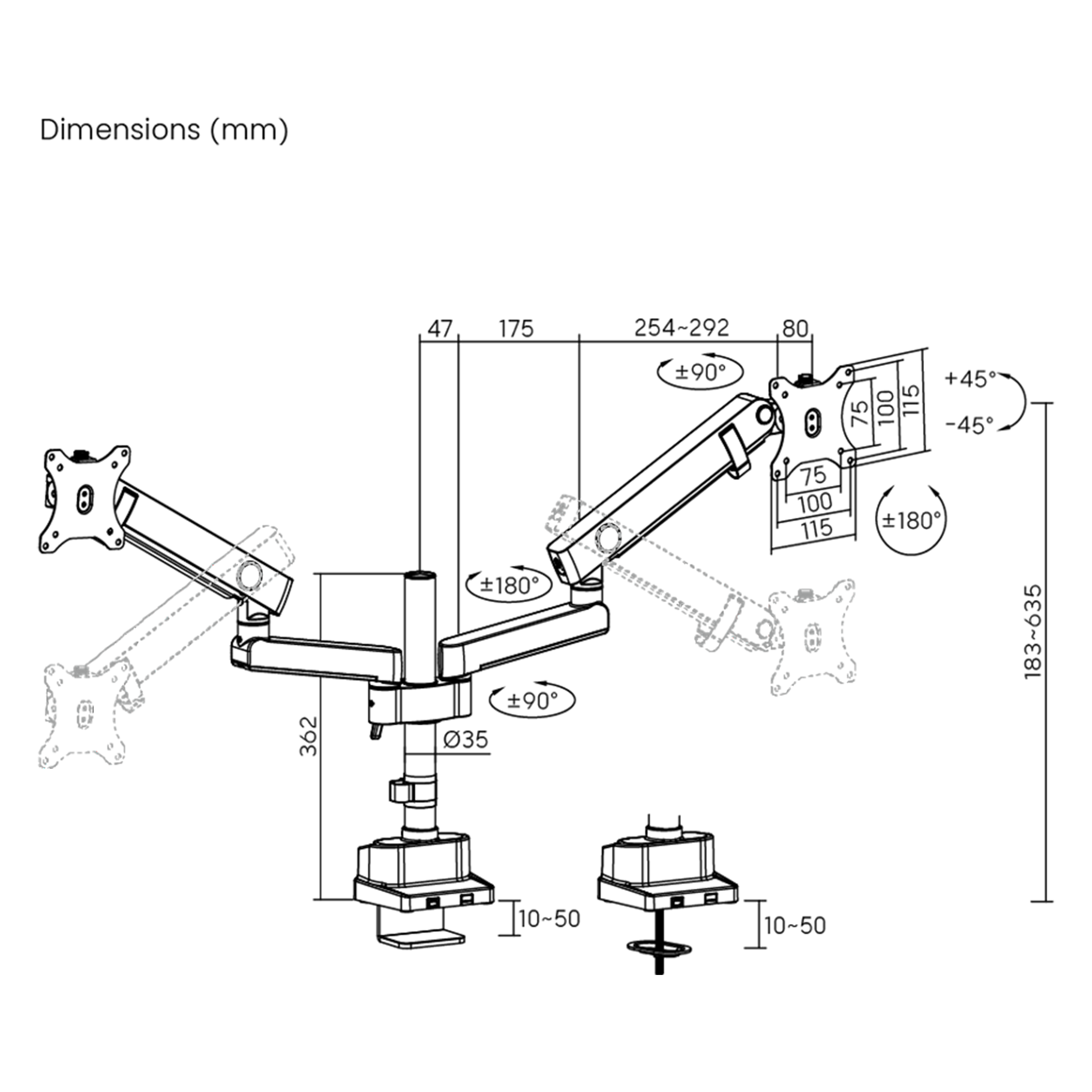 Schéma de deux bras de moniteur indiquant les dimensions et les angles de rotation sur fond blanc.