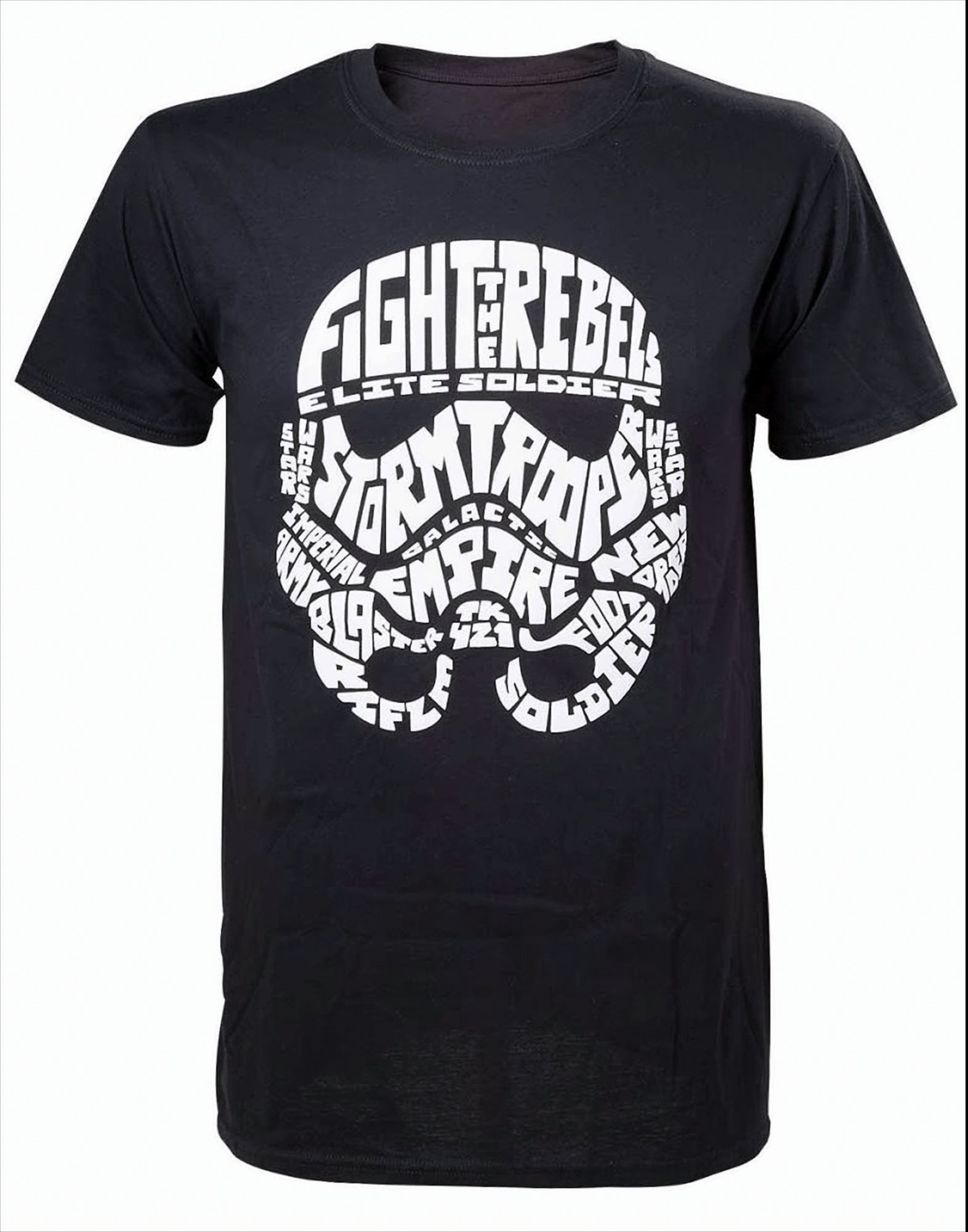 Ein schwarzes T-Shirt mit einem Stormtrooper-Helm aus Wörtern aus Star Wars.