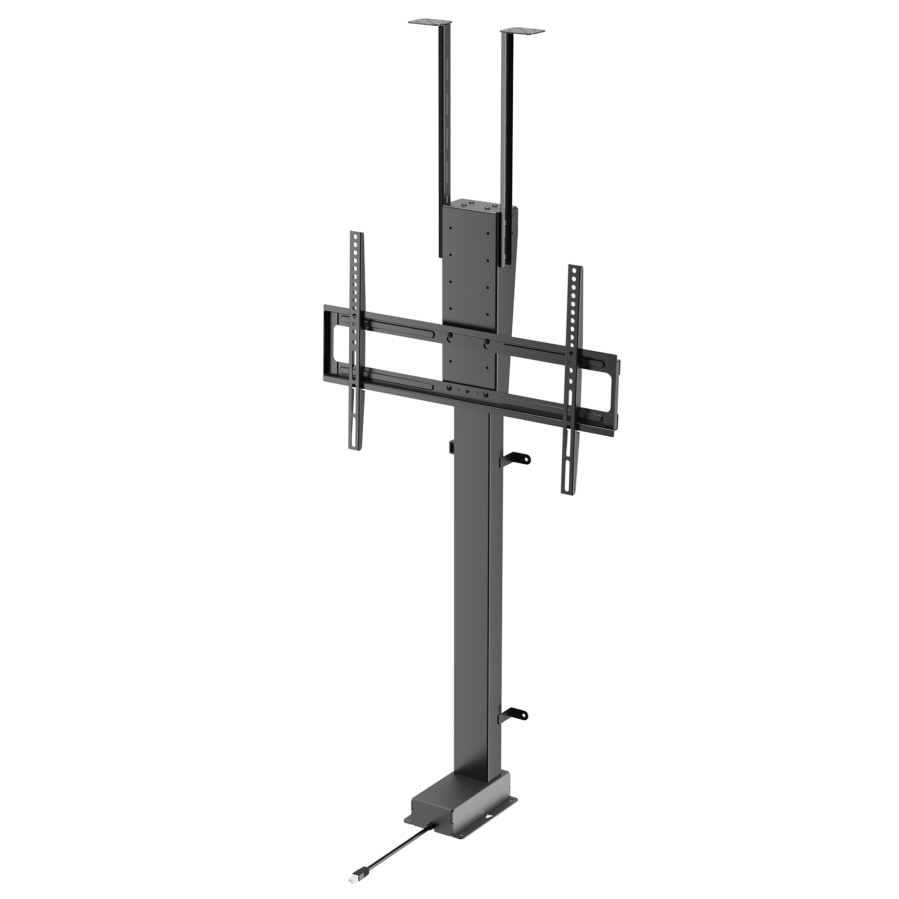 Een zwart tv-liftmechanisme wordt weergegeven tegen een witte achtergrond en toont het ontwerp voor het heffen of laten zakken van een tv.