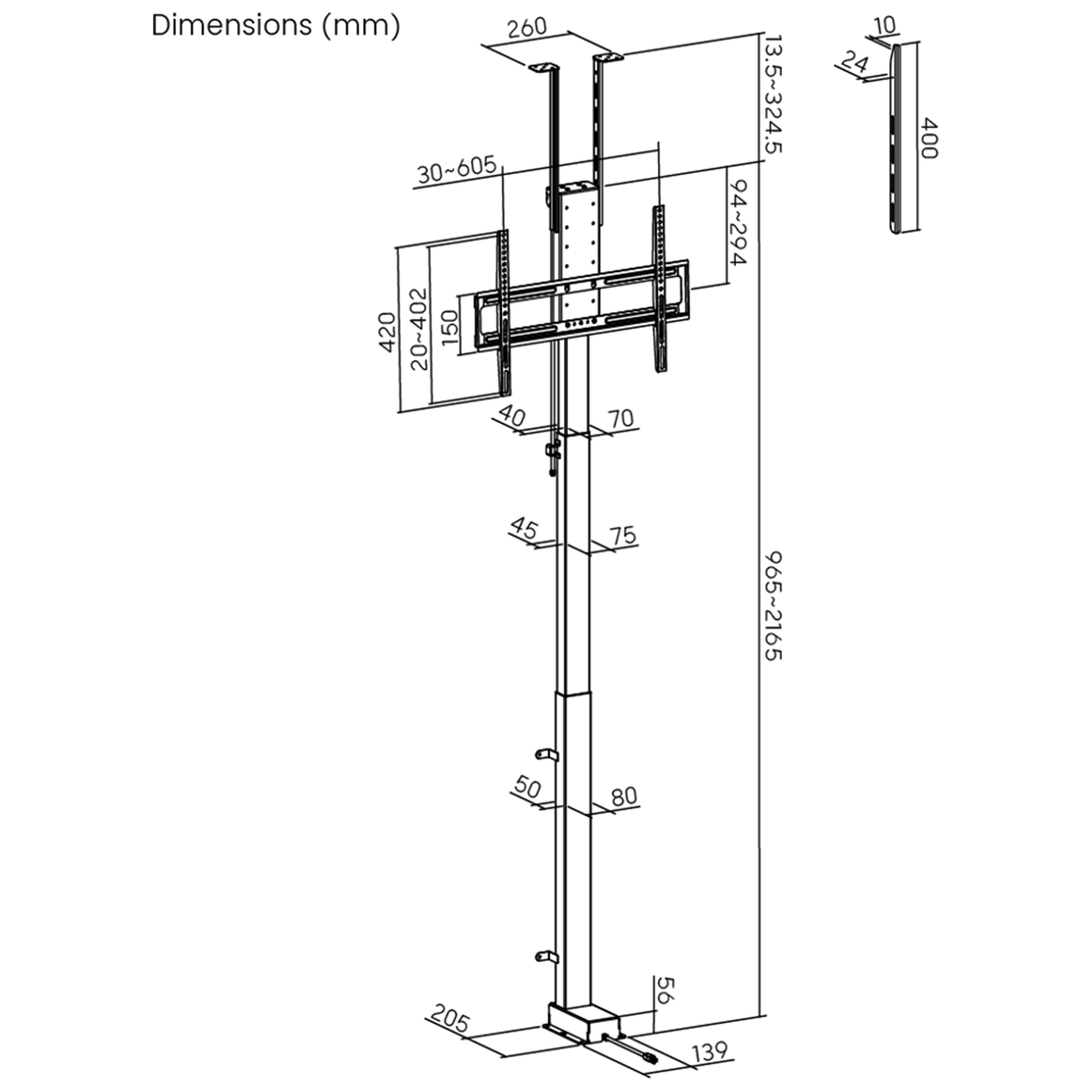 Een technisch diagram dat de afmetingen toont van een tv-liftmechanisme, met afmetingen in millimeters.