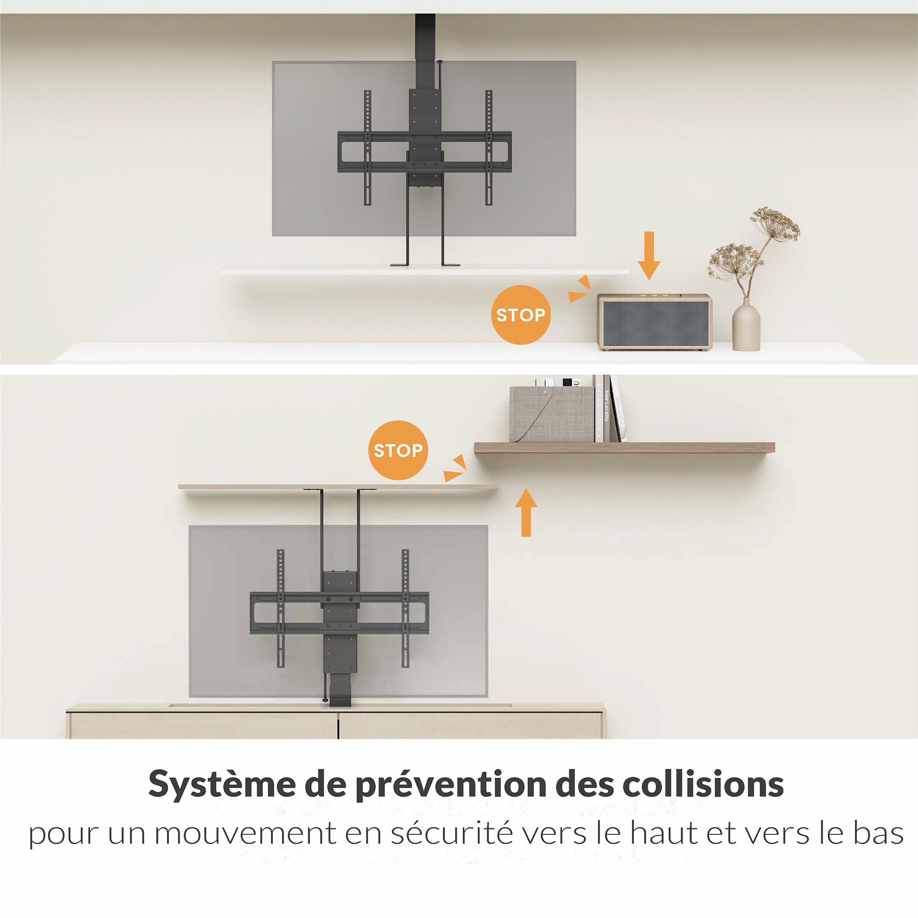 Collage met systeem om botsing van tv-lift met objecten op planken te voorkomen, met 'STOP'-indicatoren.