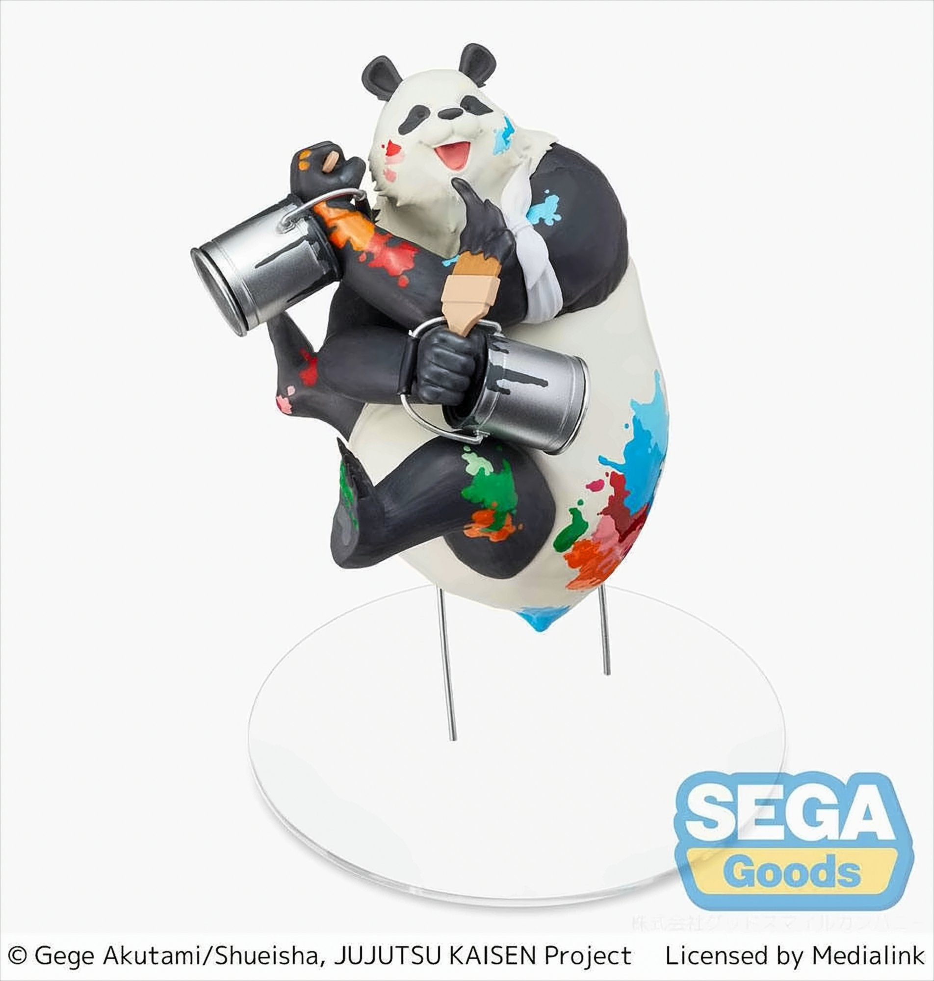 Eine Panda-Figur hält Farbdosen, die mit leuchtenden Farben bespritzt sind, auf einem durchsichtigen Ständer vor einem weißen Hintergrund.