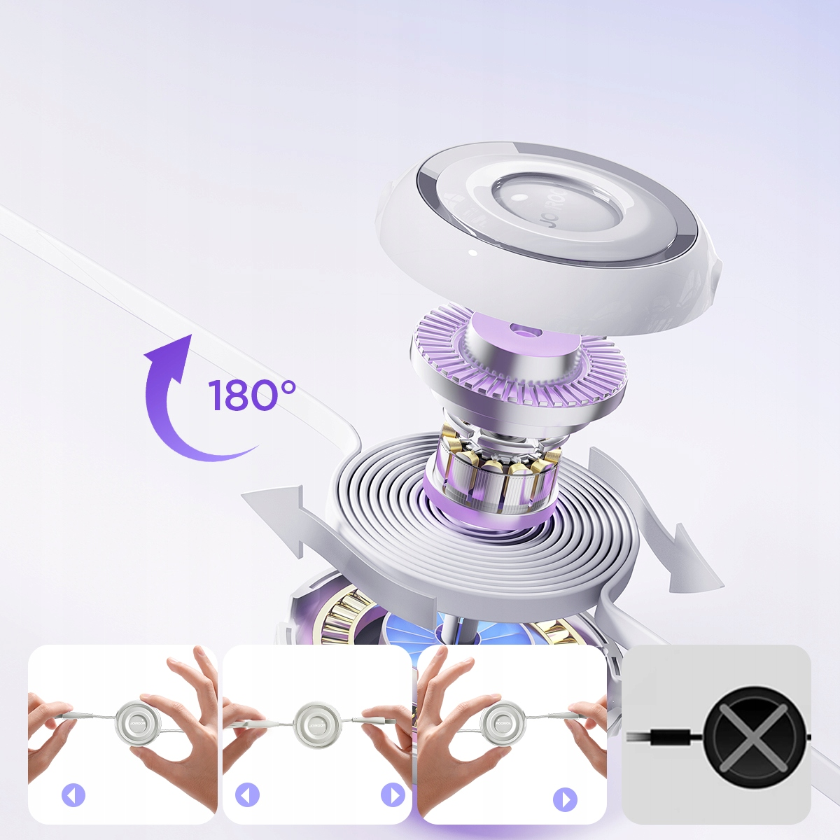 Diagram przedstawiający wewnętrzne mechanizmy i obrót białego urządzenia ładującego.