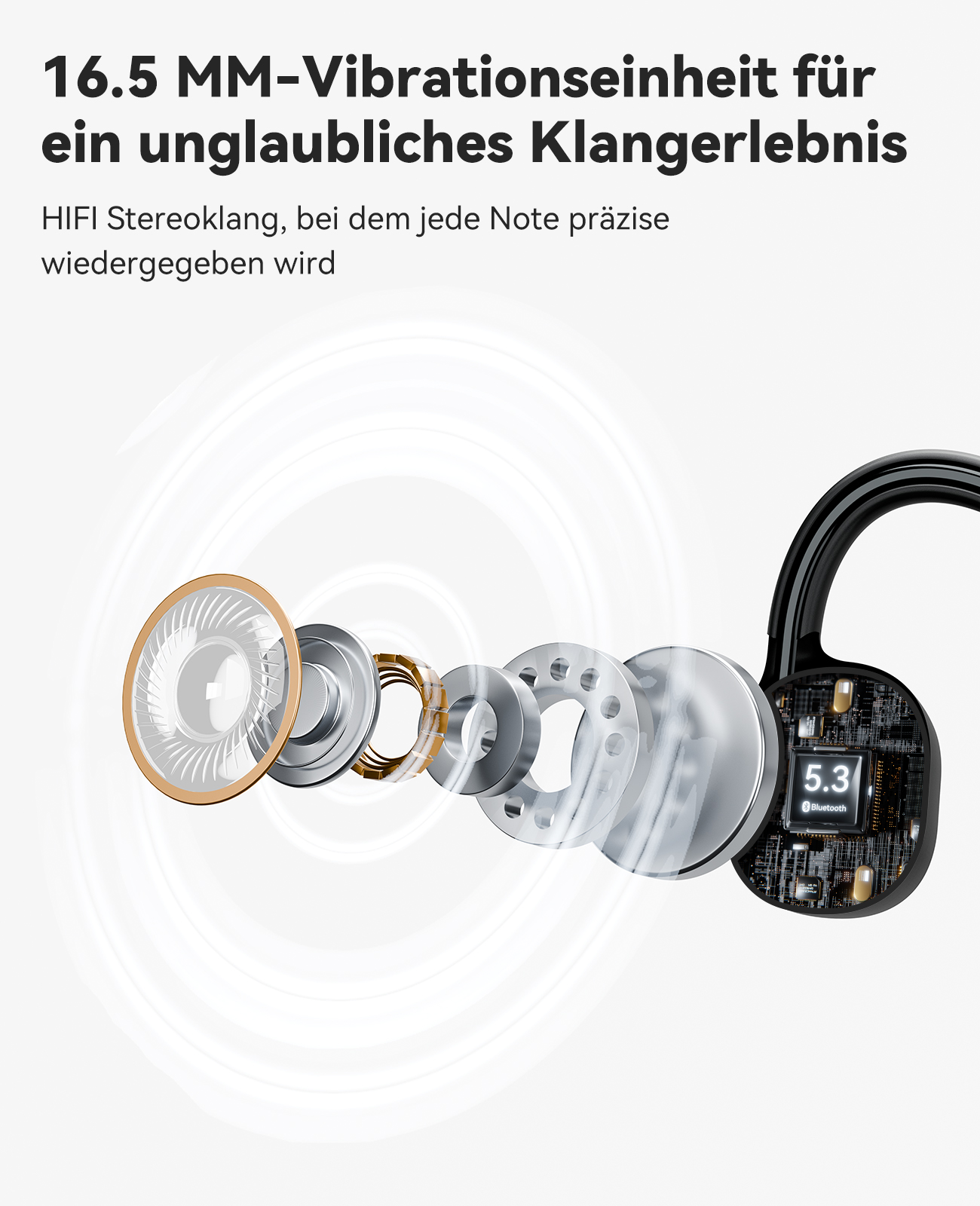 Explosionszeichnung eines Kopfhörerlautsprechers, die seine Komponenten und technischen Daten zeigt.