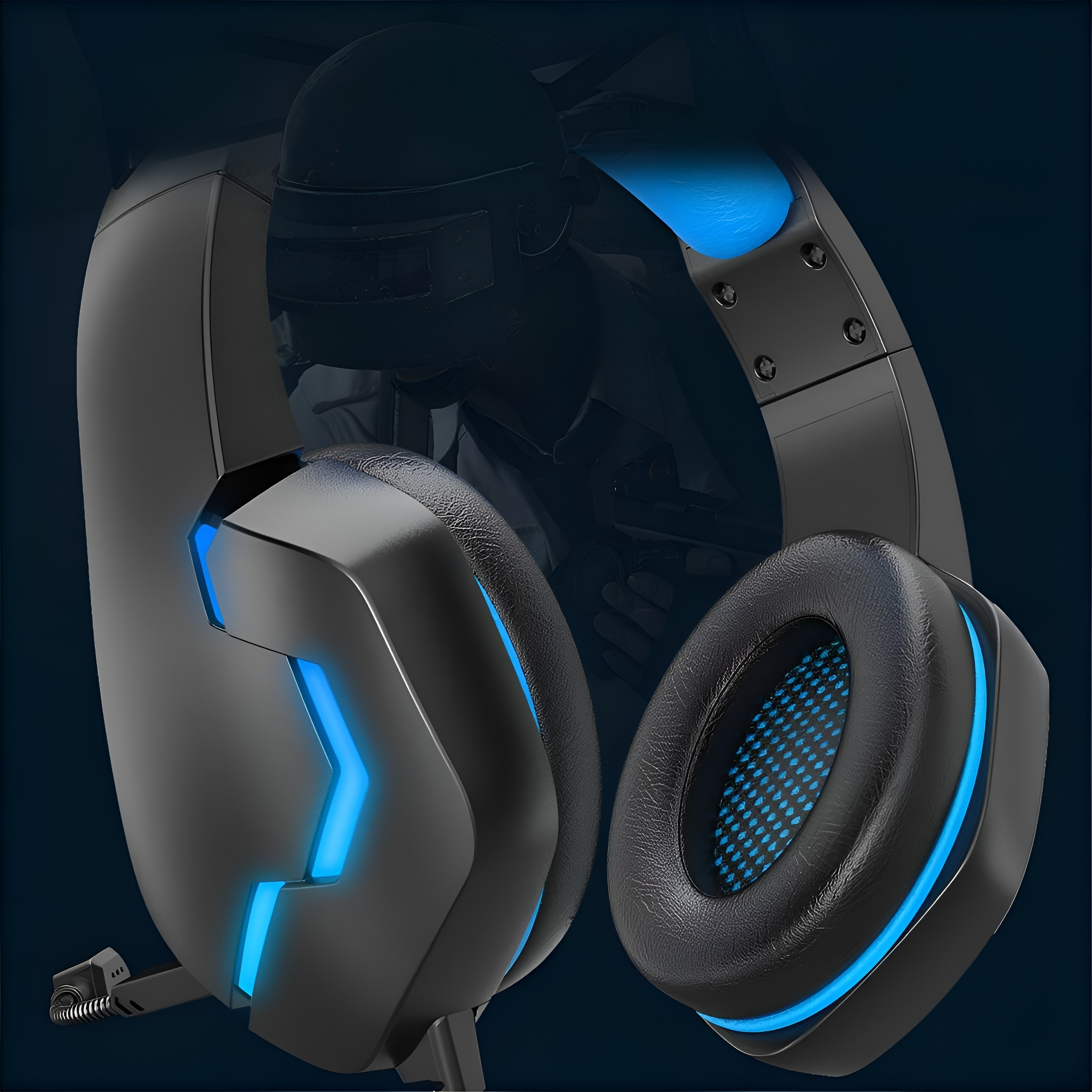 Schwarze Gaming-Kopfhörer mit blauen Lichtakzenten, strukturierten Ohrmuscheln und einem sichtbaren Mikrofon.