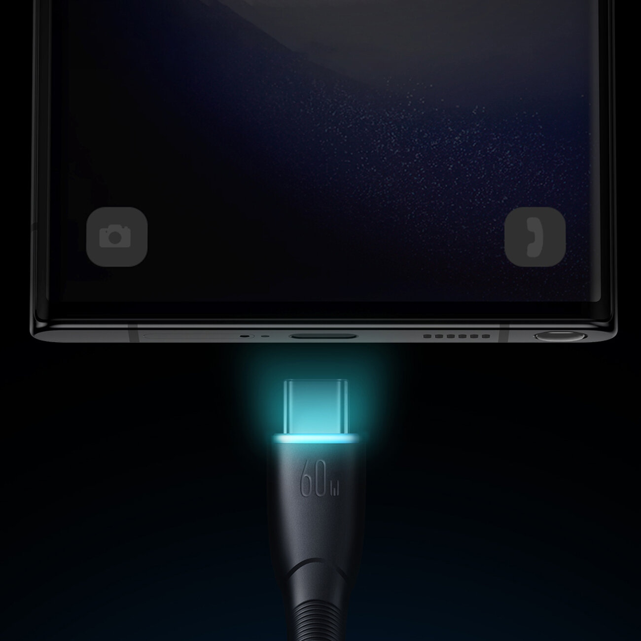 Ein Telefon wird mit einem Kabel aufgeladen, das am Verbindungspunkt ein blaues Licht hat.