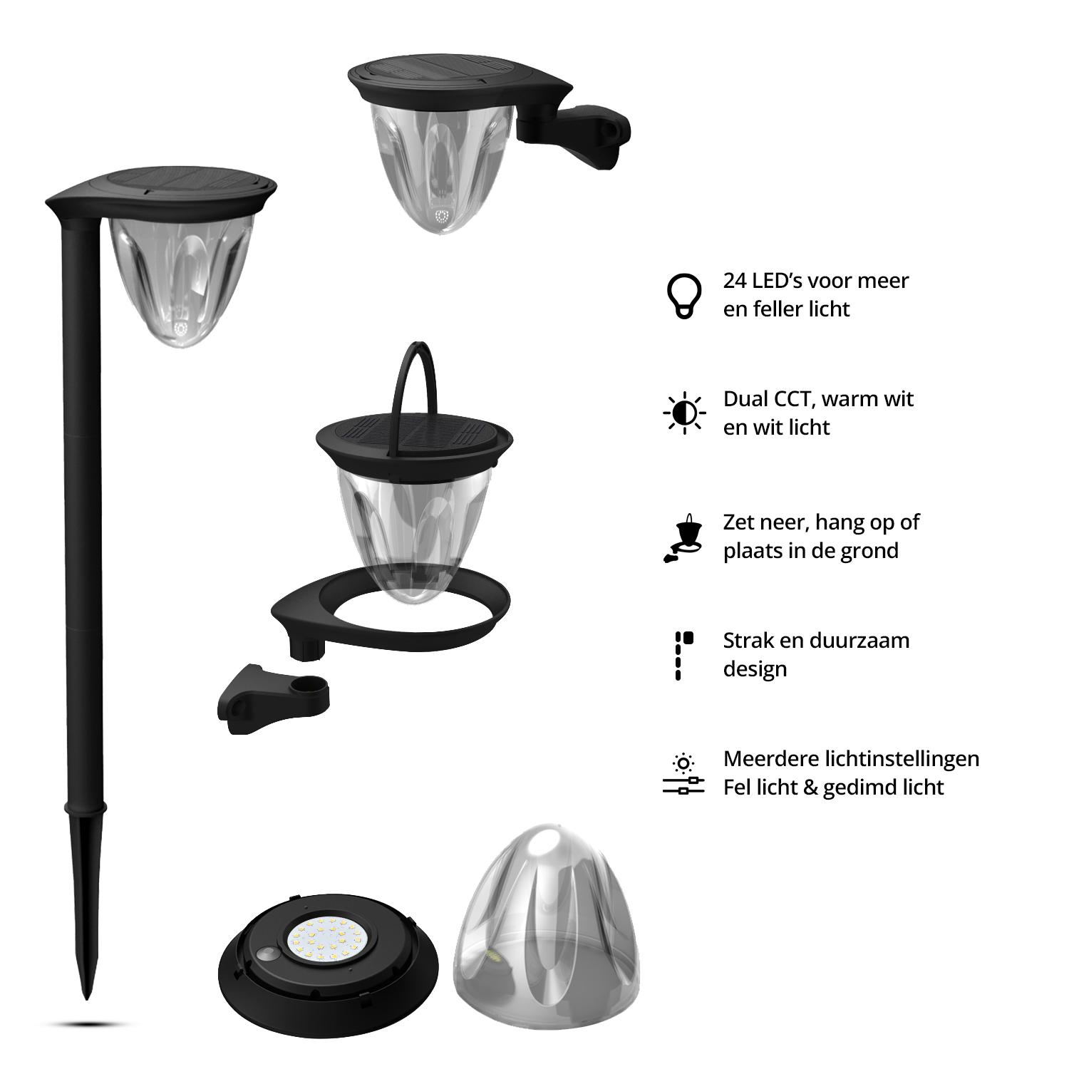 Een zwarte solar buitenlamp met meerdere onderdelen staat op een witte achtergrond.