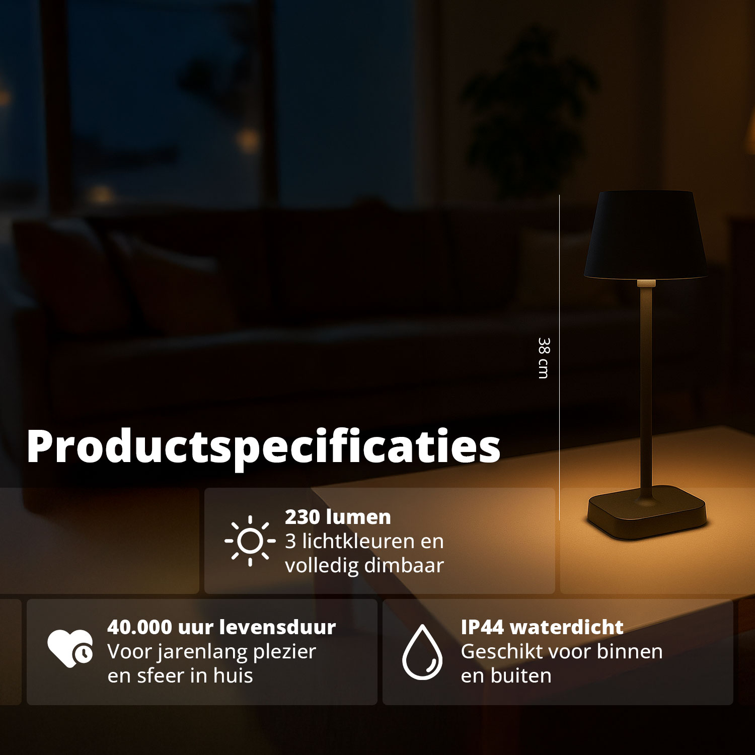 Een zwarte tafellamp wordt getoond met productspecificaties gemarkeerd in de tekst.