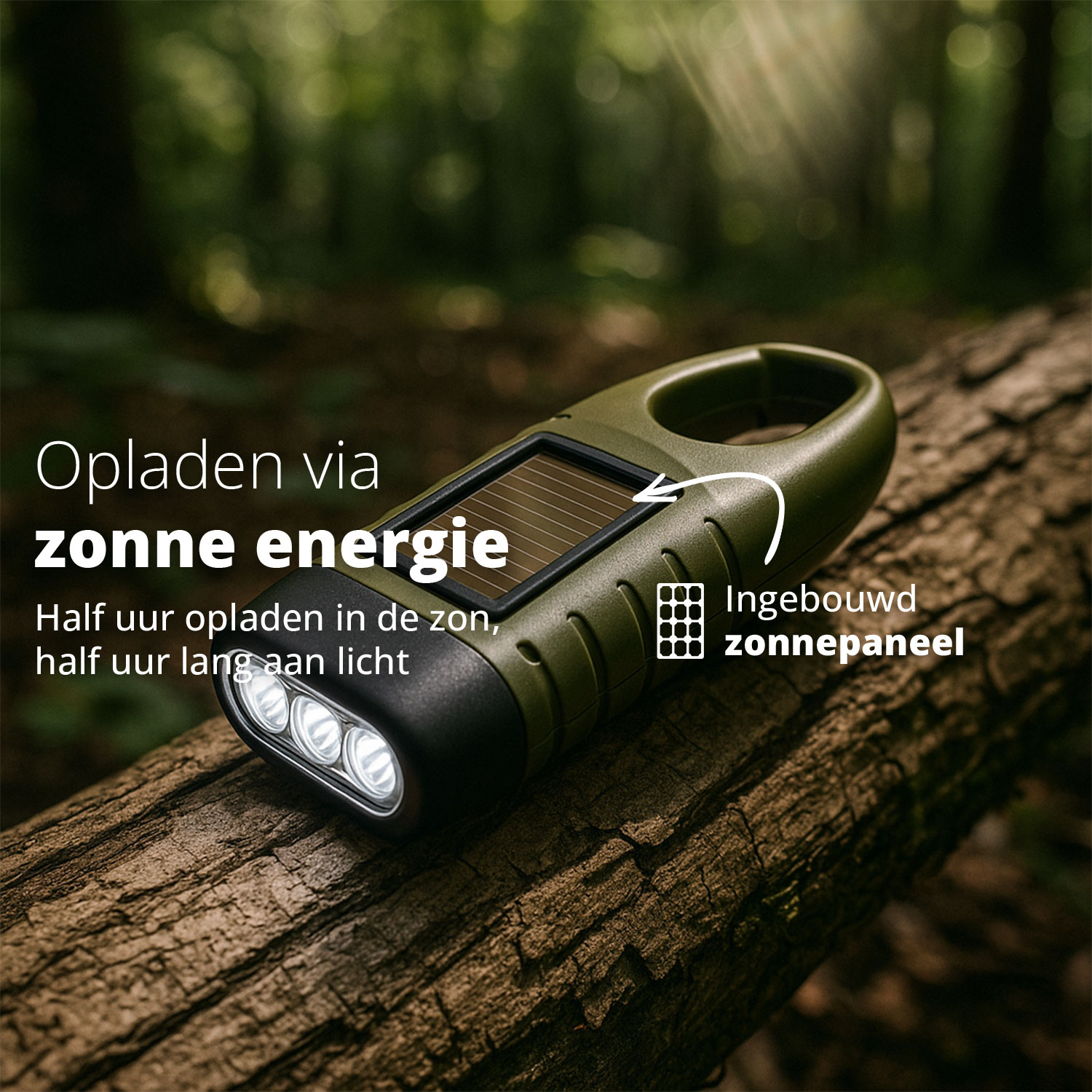 Green solar flashlight on a log. The background is a blurred forest.