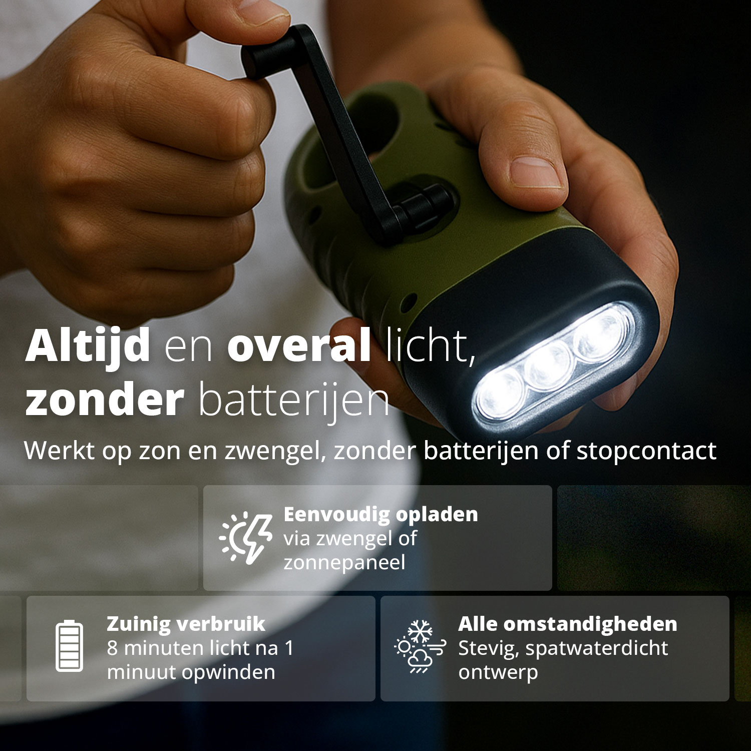 Hands turning a green dynamo flashlight with three LEDs, no batteries needed.