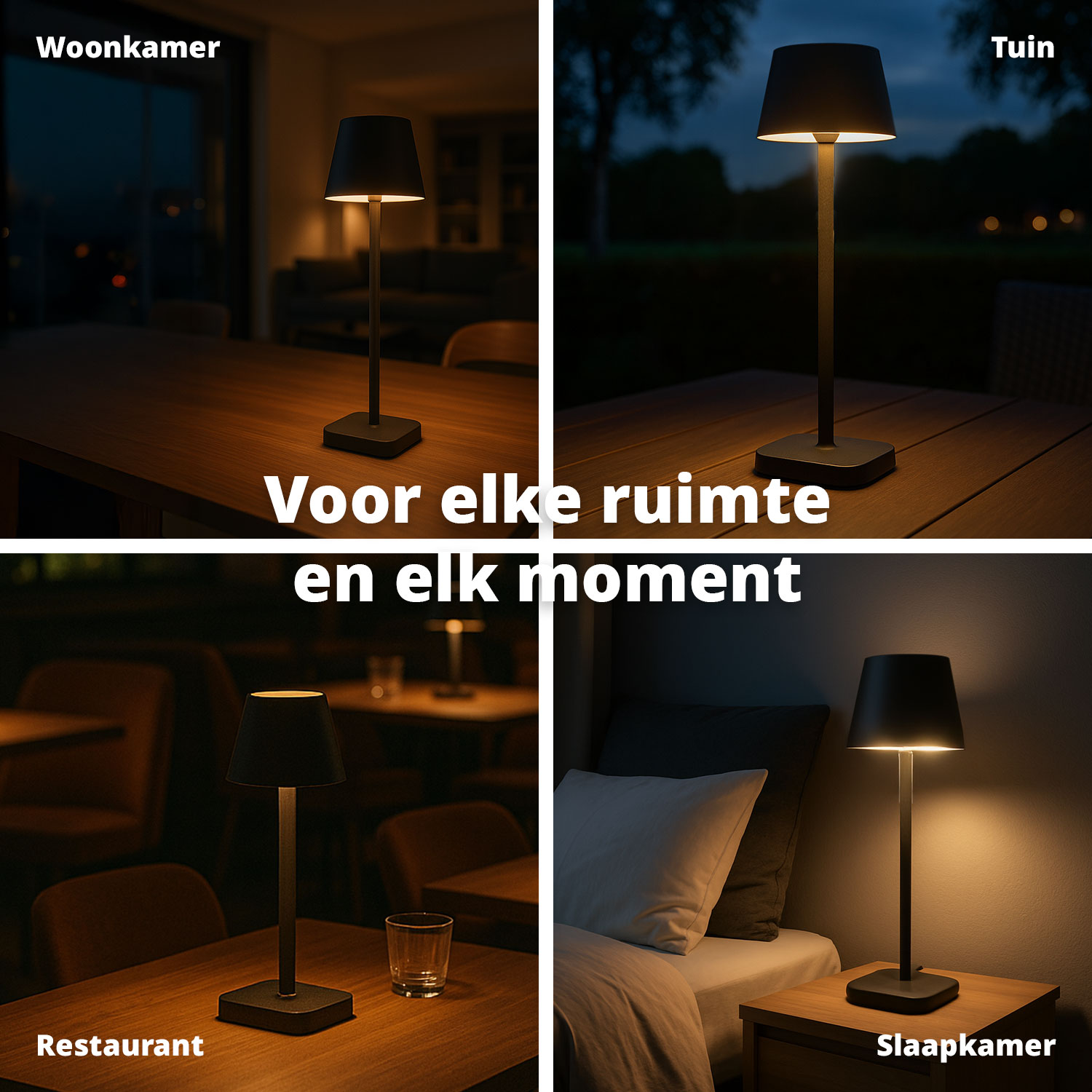 Een collage van vier afbeeldingen die een zwarte lamp in verschillende kamers laten zien.