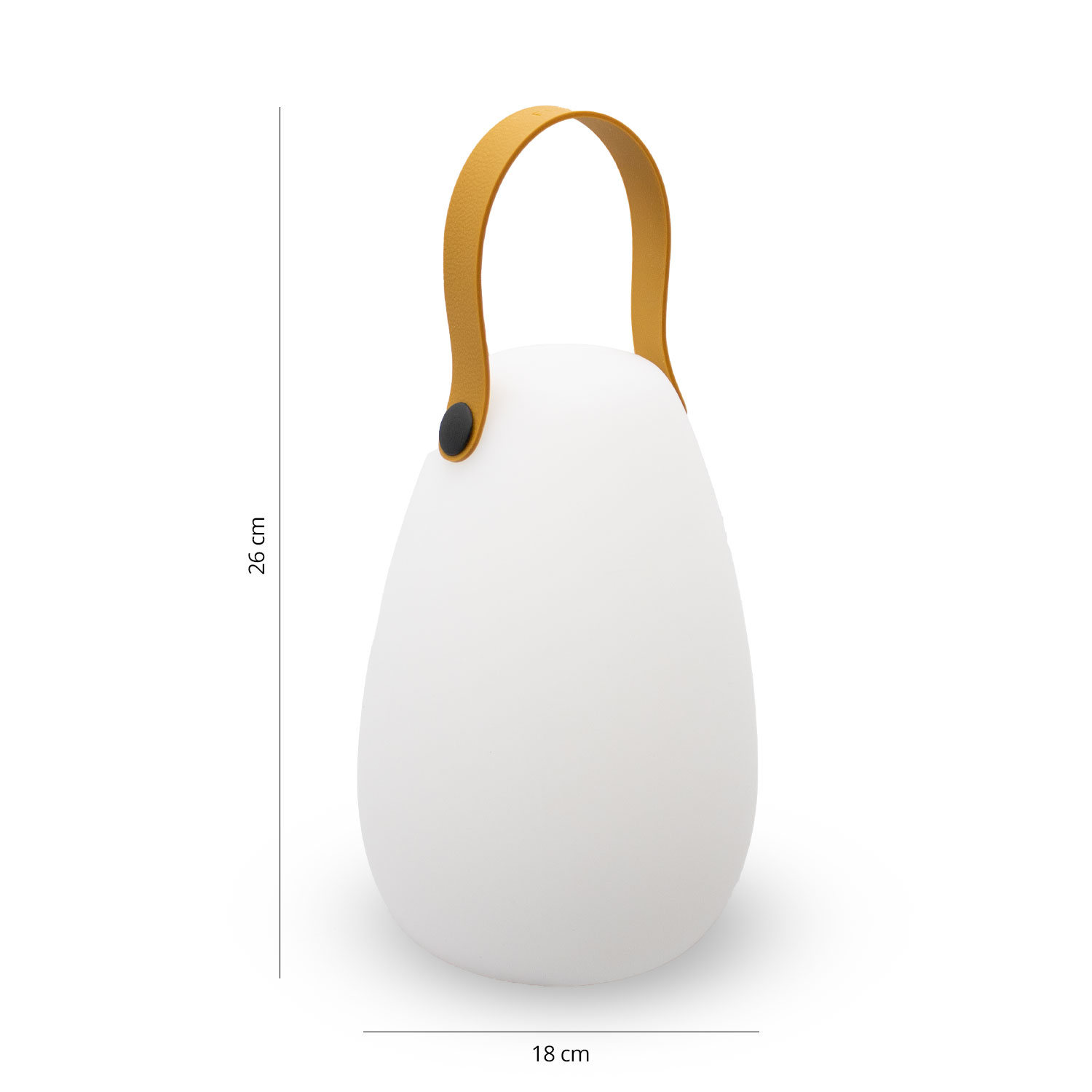 Een witte, druppelvormige lamp met een bruin handvat is gecentreerd, de afmetingen zijn gemarkeerd op 26 cm hoog en 18 cm breed.