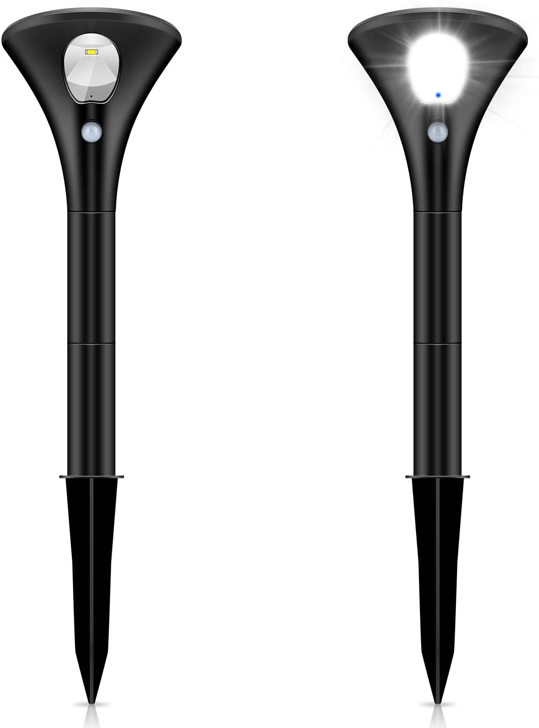 Twee zwarte, strakke solar tuinlampen worden getoond, één uit en één die een helder wit licht uitstraalt.