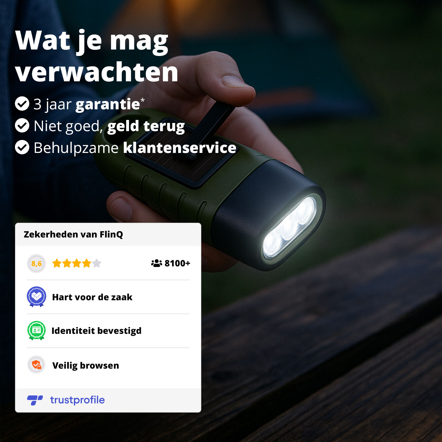 A hand holds a green hand-crank flashlight, with text highlighting the product's guarantees and customer service.