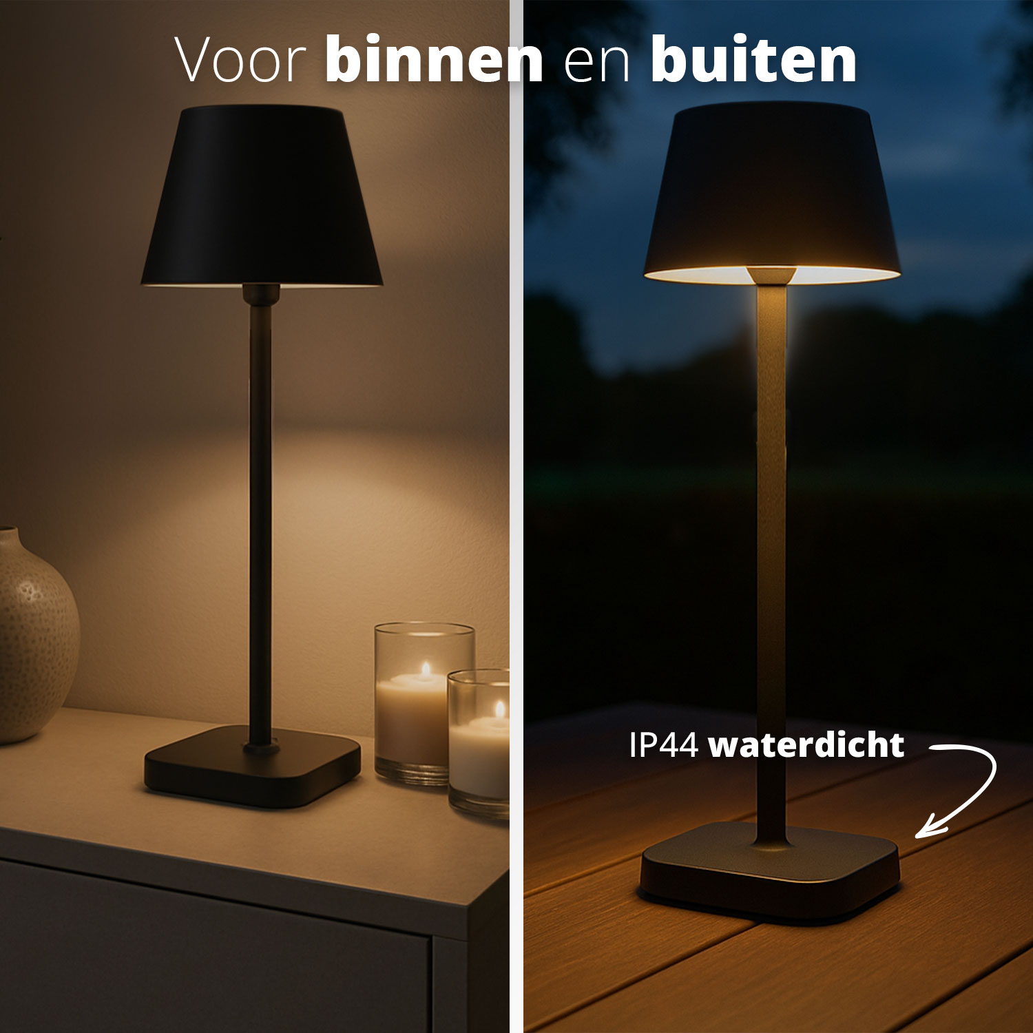 Een zwarte tafellamp wordt binnen en buiten getoond, waarbij de veelzijdigheid en het waterdichte ontwerp (IP44) worden benadrukt.