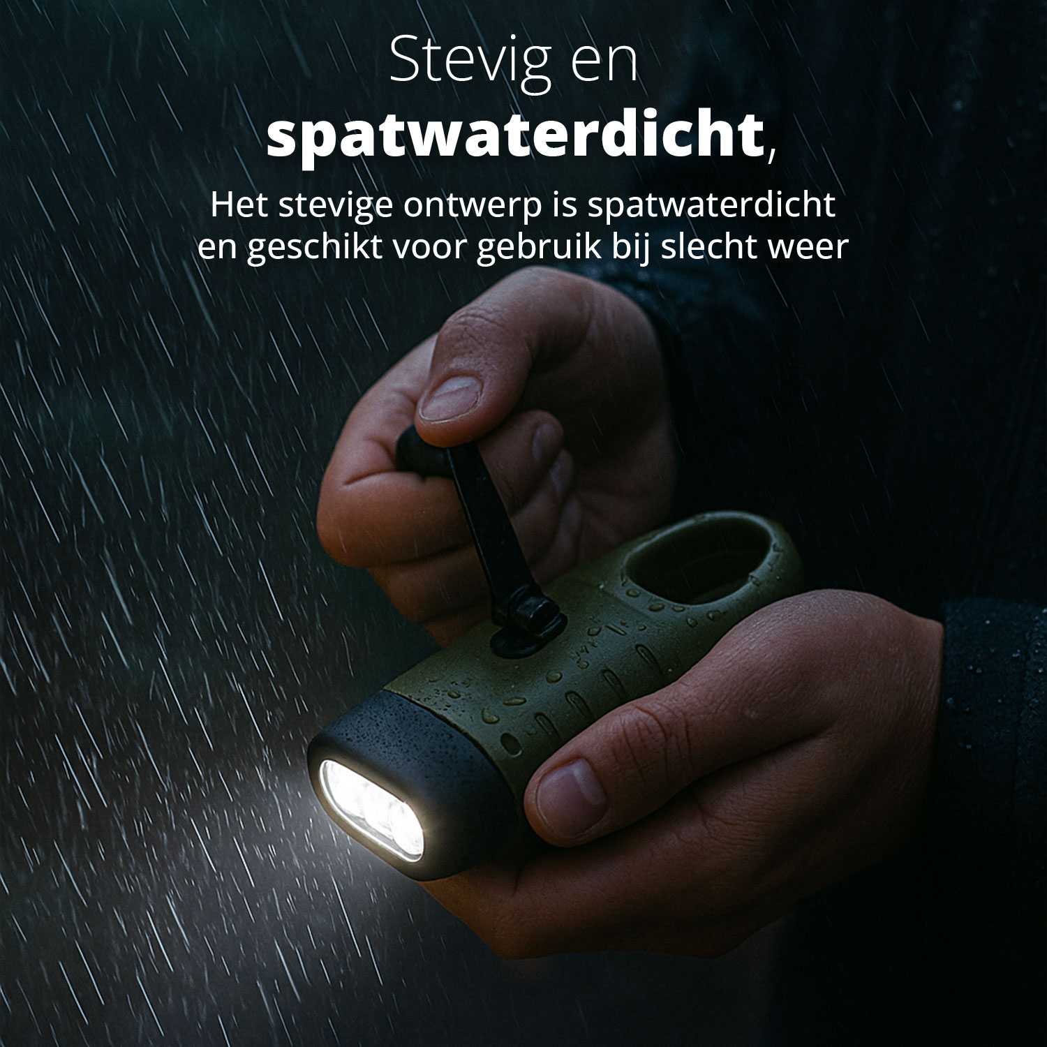 A hand holds a green, water-resistant hand-crank flashlight in the rain, emphasizing its durability and weather resistance.