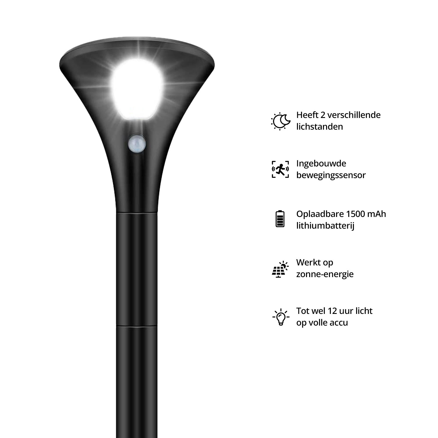 Een zwarte solar tuinlamp met een wit licht aan de bovenkant, tegen een witte achtergrond.