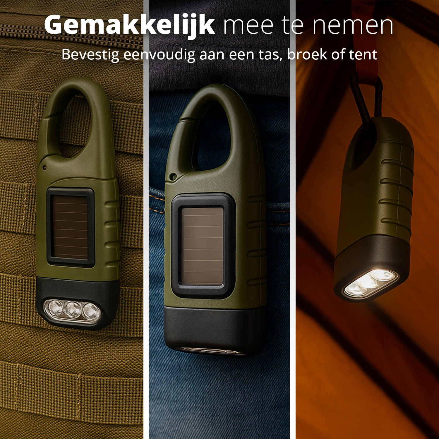 Three views of a green and black solar-powered flashlight attached to various items.