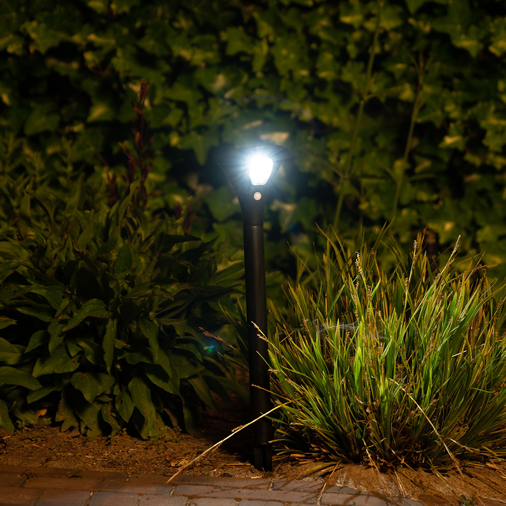 Een zwarte solar tuinlamp verlicht 's nachts groene planten in een tuin.