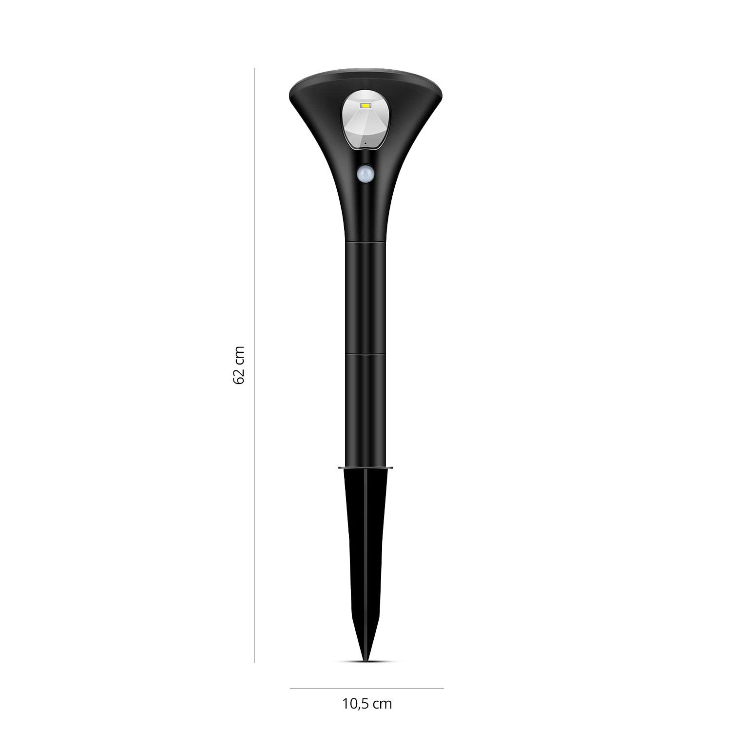 Een zwarte solar tuinlamp met afmetingen, tegen een witte achtergrond.