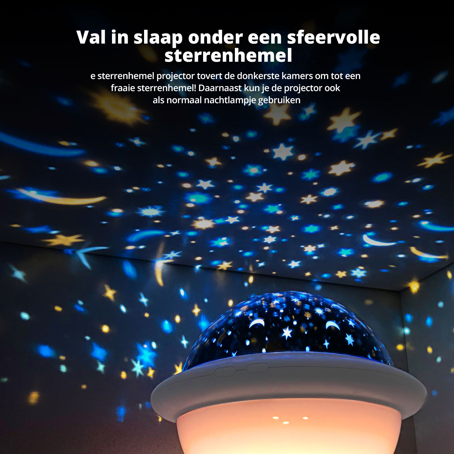 Een nachtlampje projecteert sterren op het plafond.