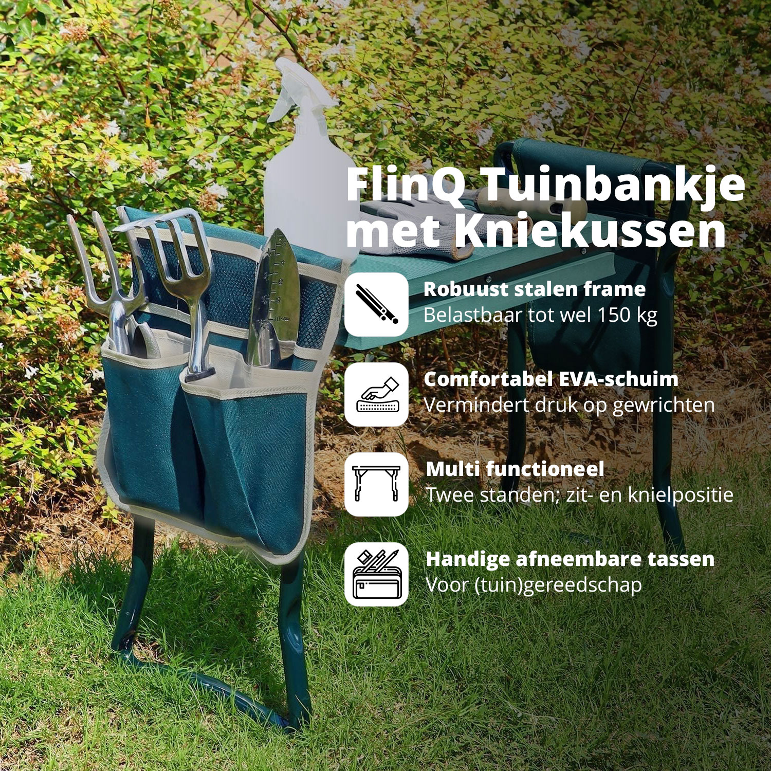 Een groene tuinbank met gereedschap en een spuitfles wordt getoond met tekst die functies zoals het stalen frame benadrukt.