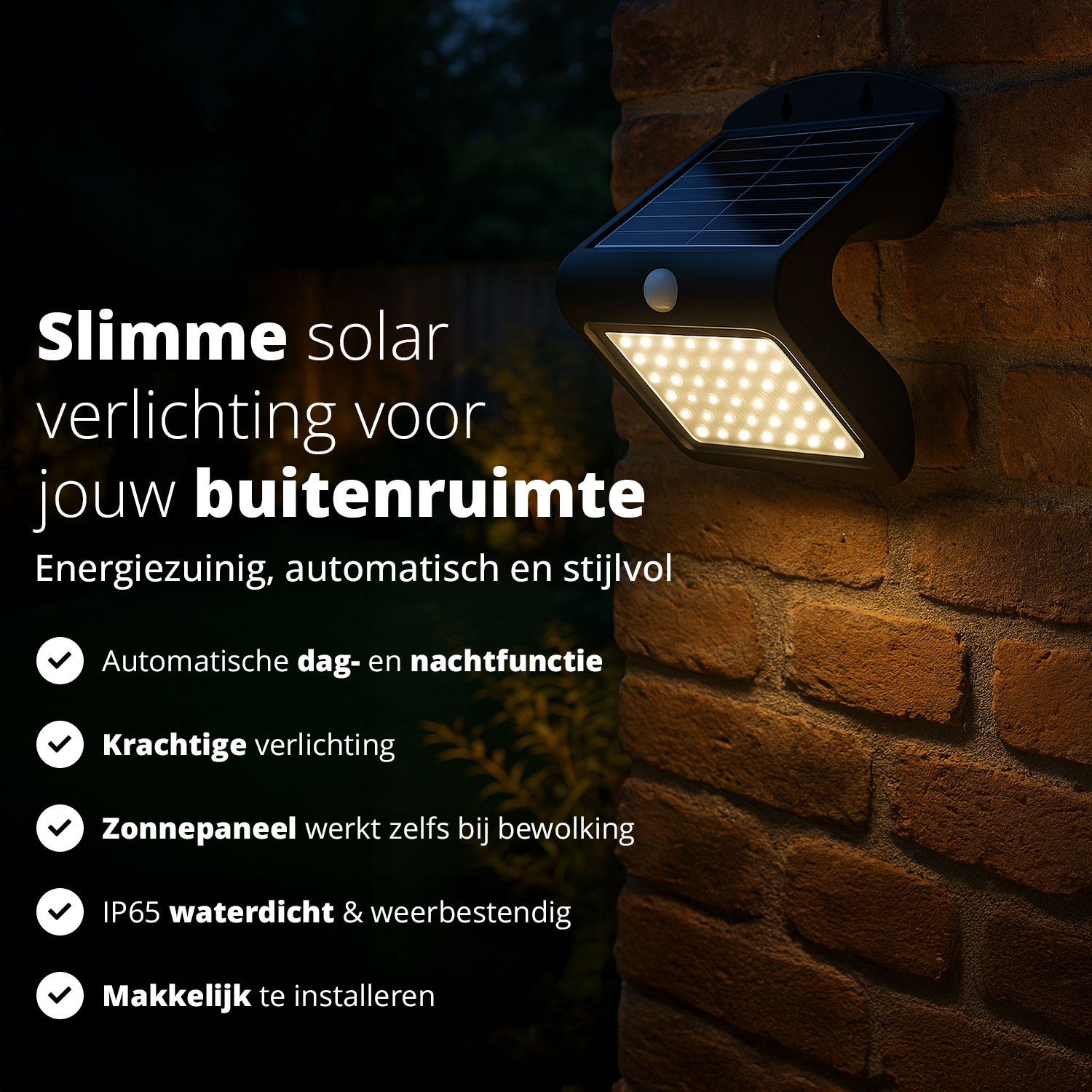 A solar light is mounted on a brick wall, illuminating the area below.