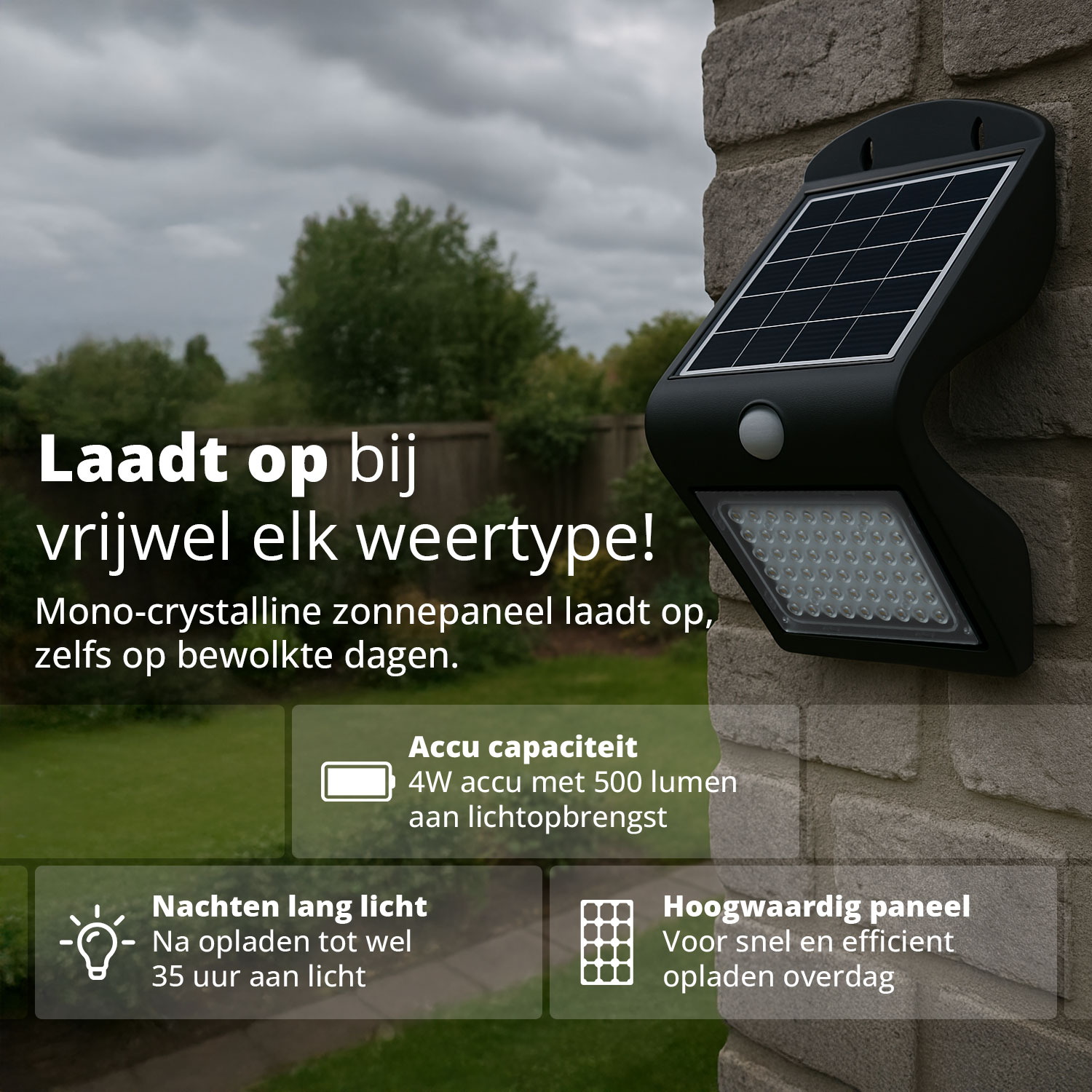 Outdoor solar light on brick wall, charging in any weather. Black with solar panel and LED lights.